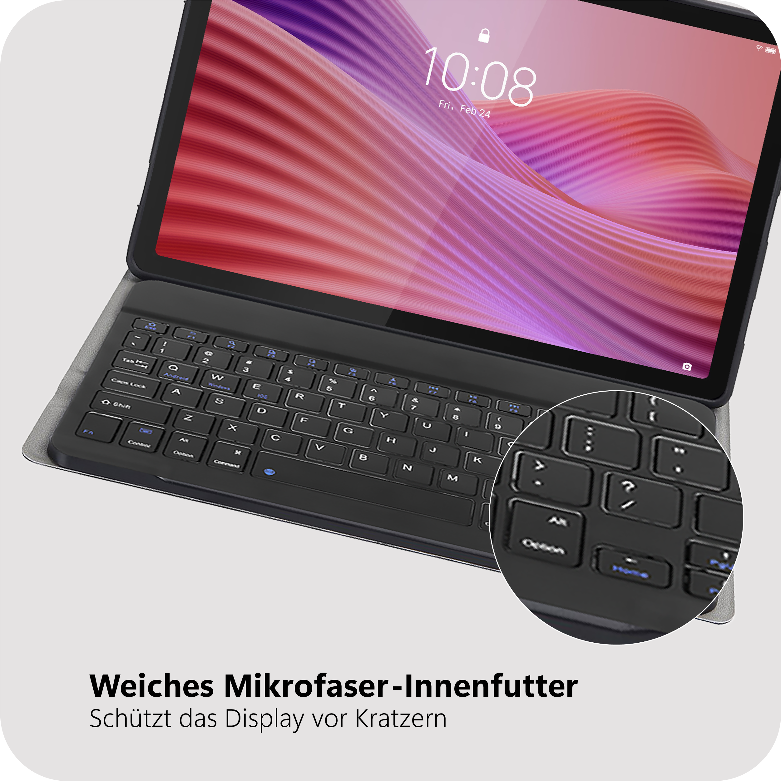 Tablet mit Tastaturhülle, zeigt die Uhrzeit 10:08 an.