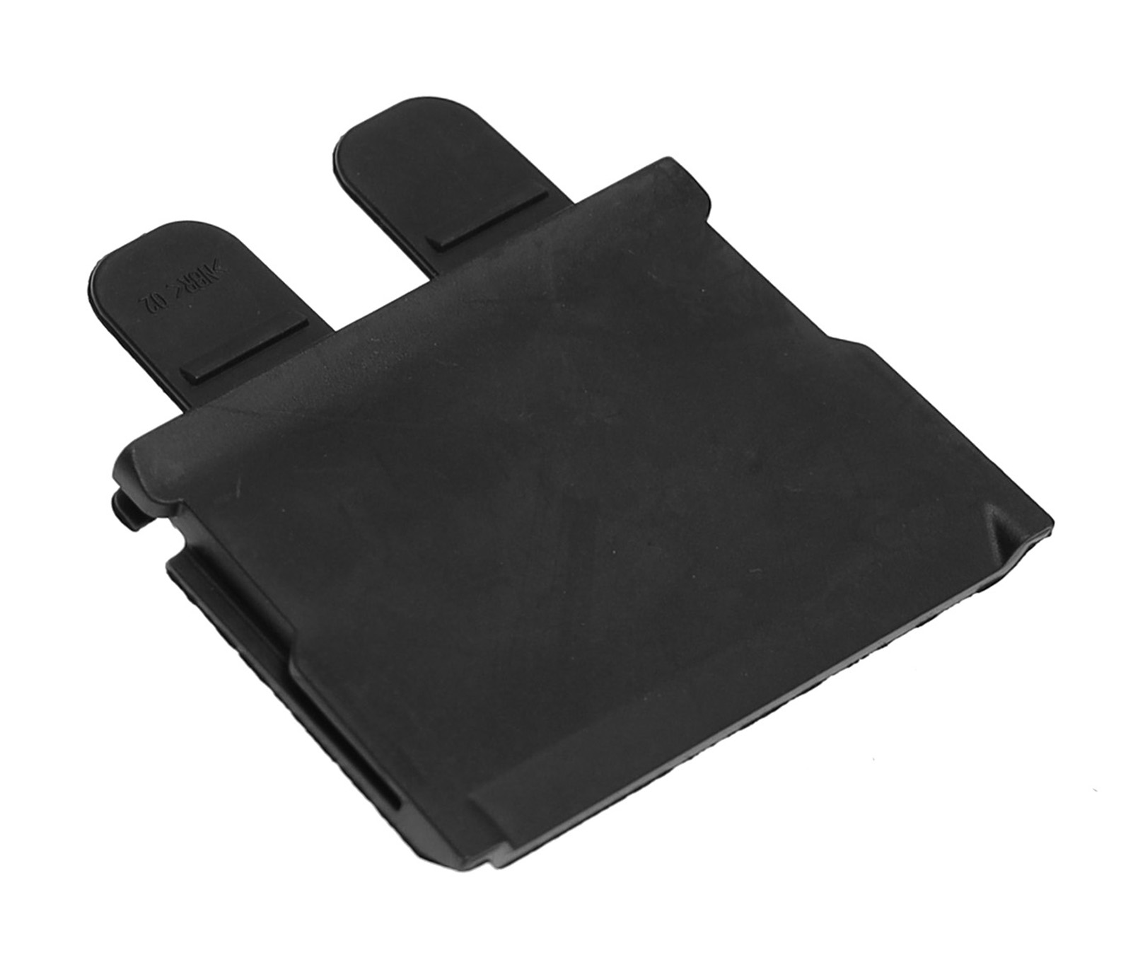 Schwarzer Gummihalter mit zwei Nasen und eingeprägtem Text.