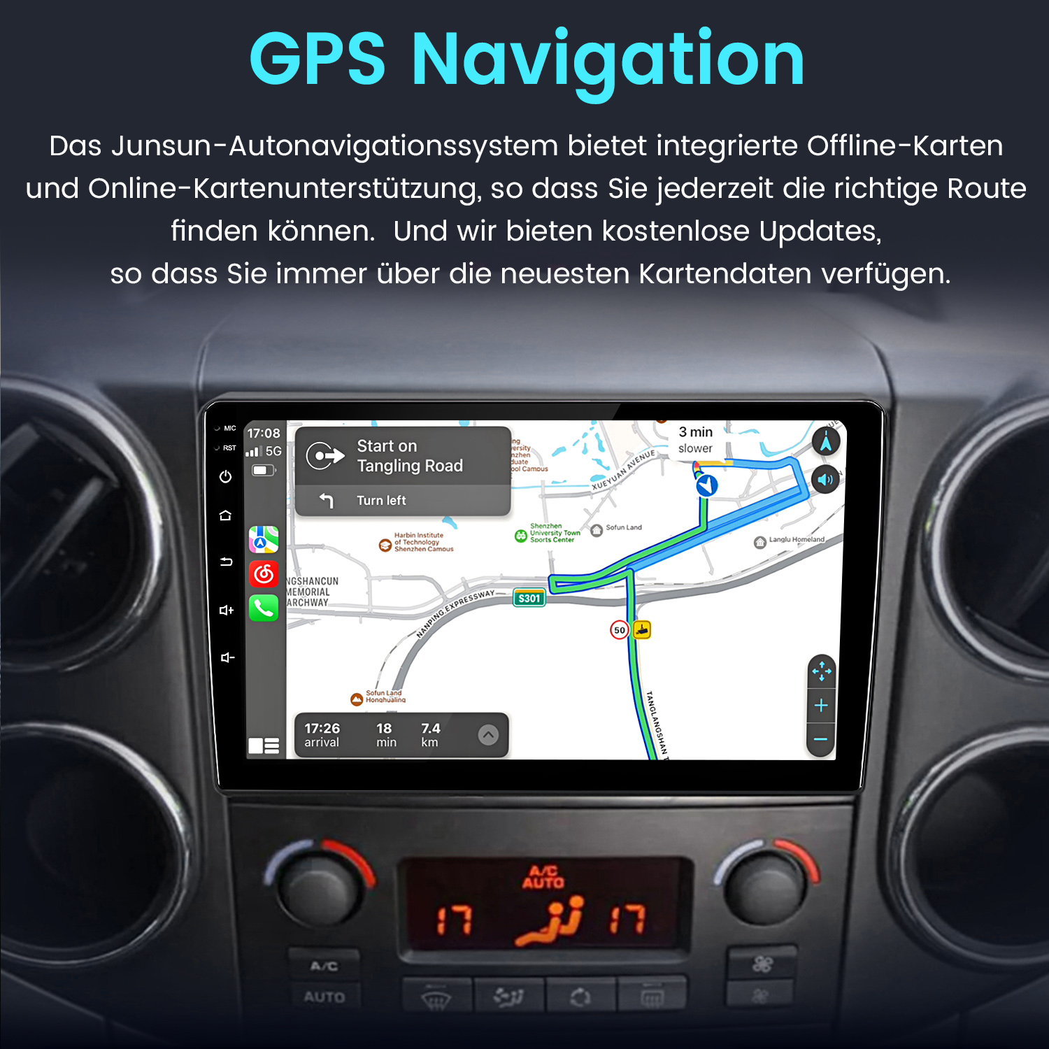 GPS Navigation zeigt eine Karte mit Route, Ankunftszeit, Entfernung und Geschwindigkeit.