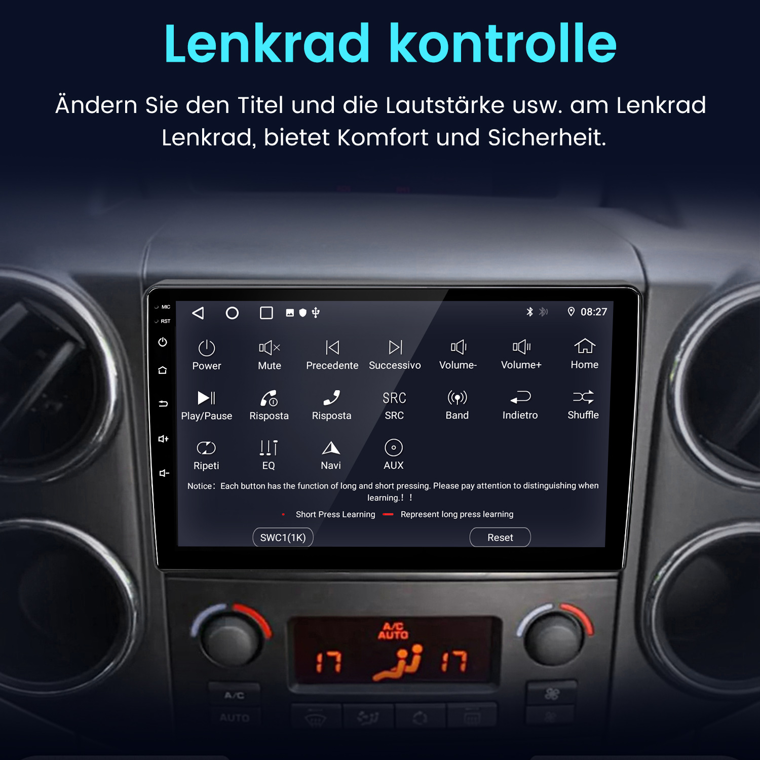 Ein Auto-Infotainmentsystem mit Lenkradsteuerung und Touchscreen-Menü.
