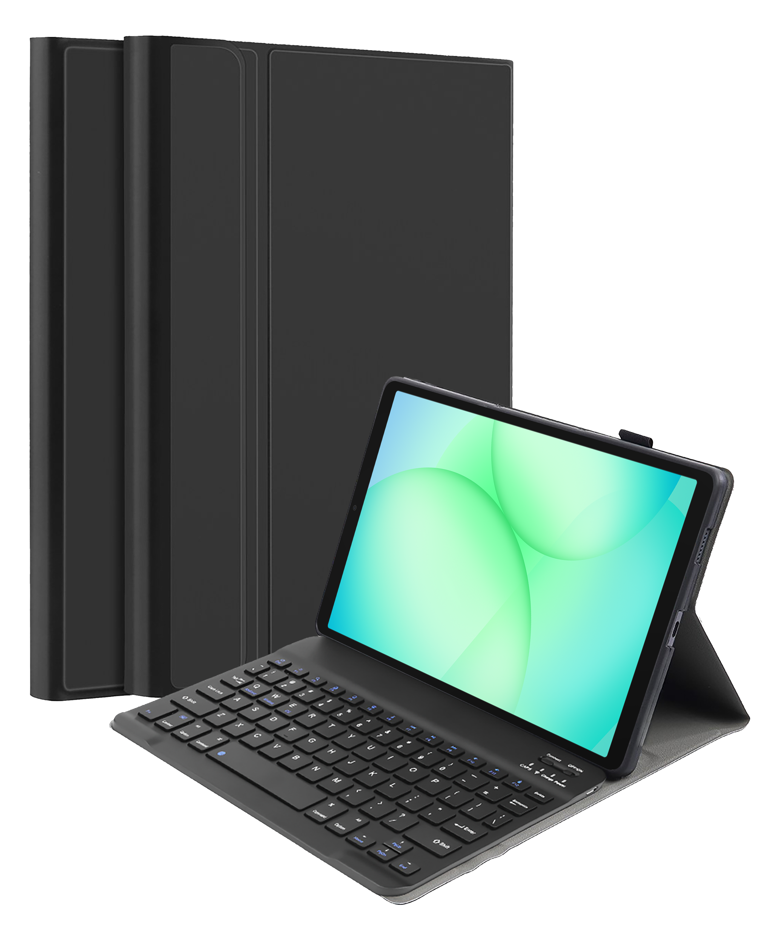 Ein schwarzes Tablet mit Tastatur und Schutzhülle im Querformat auf schwarzem Hintergrund.