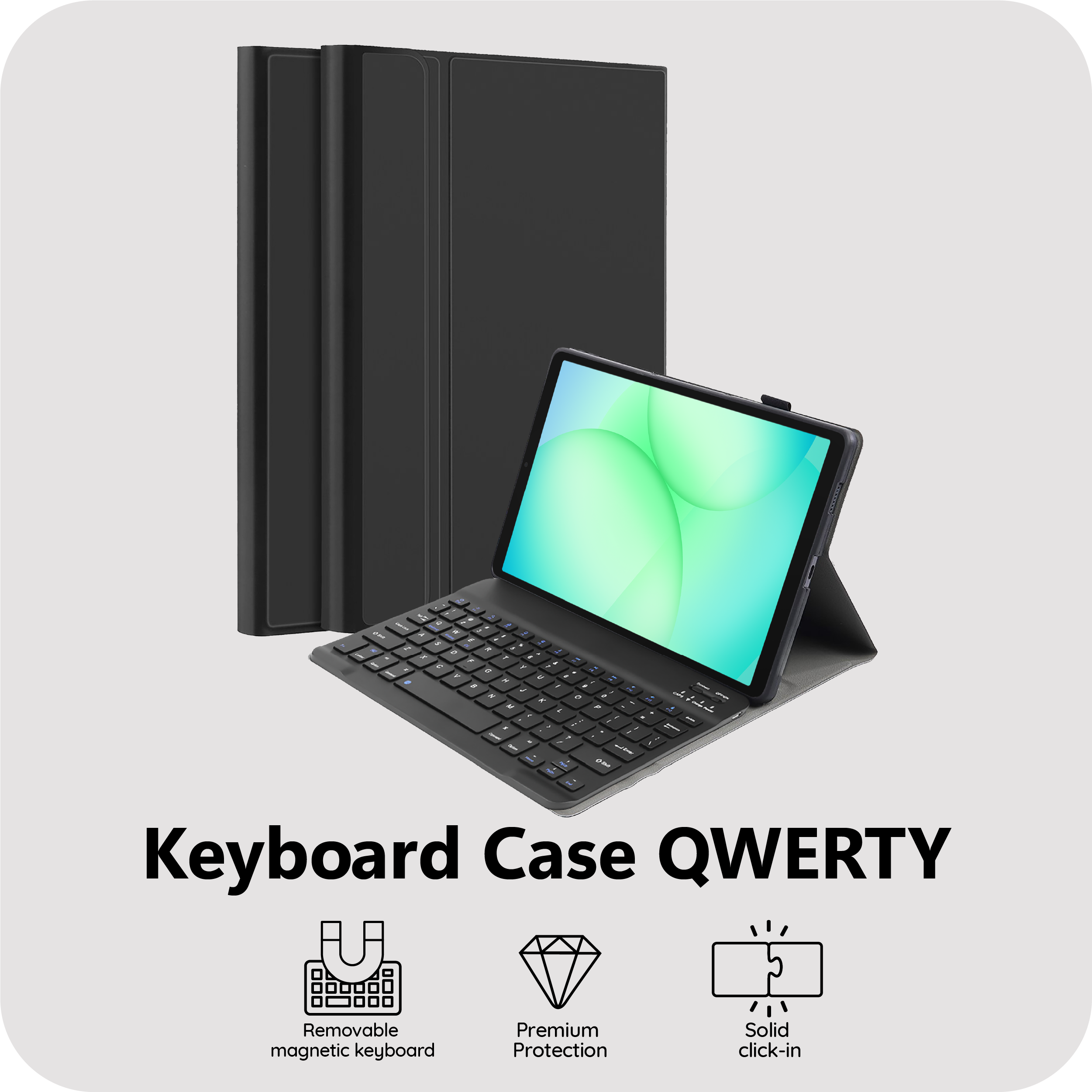 Schwarze Tastaturhülle mit Tablet und QWERTY-Layout.