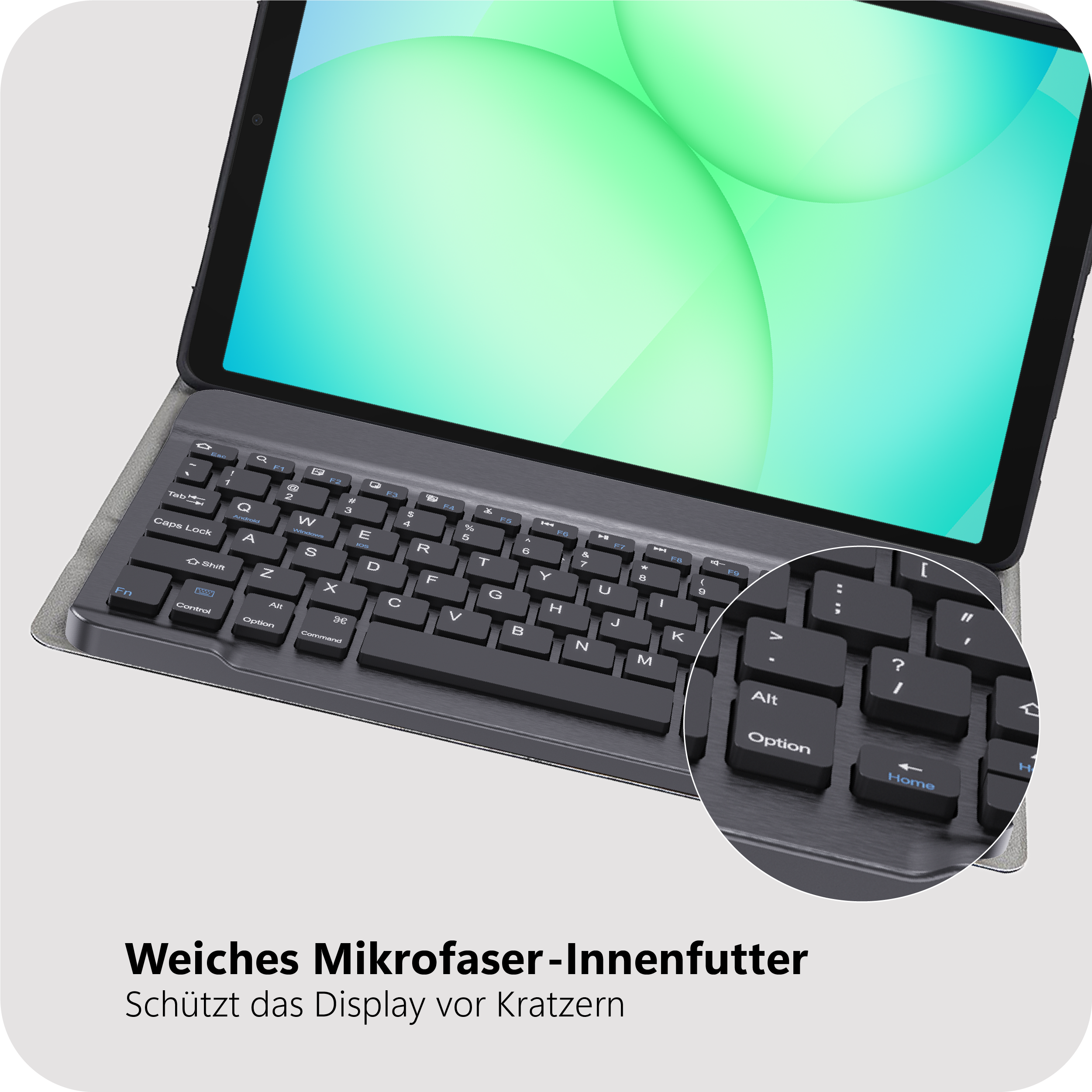 Ein Tablet mit Tastatur, das auf einem hellen Hintergrund liegt.