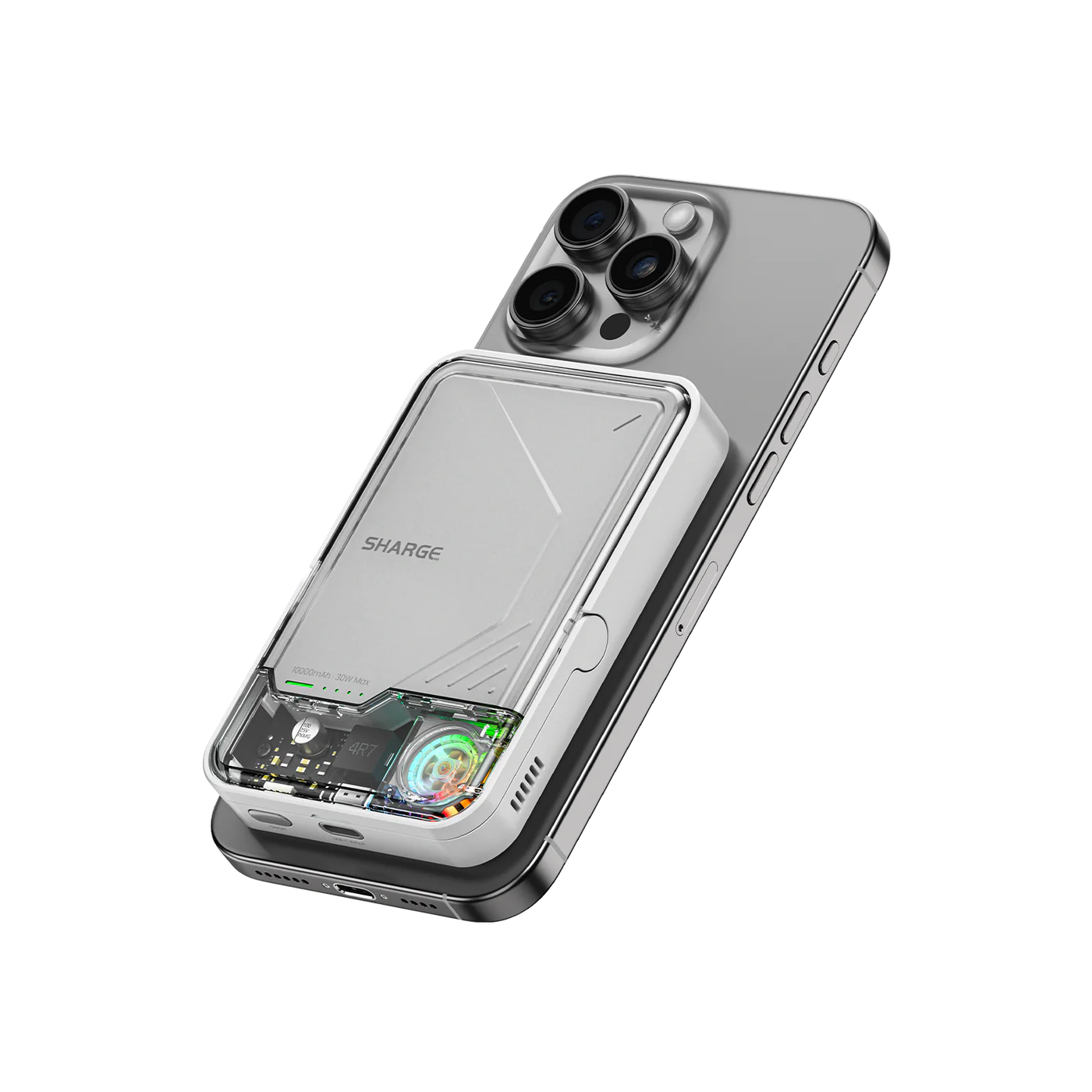 Un smartphone blanc avec une batterie externe transparente attachée à son dos.