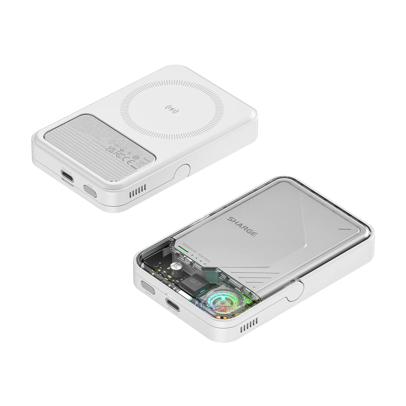 Deux batteries externes blanches, une avec indicateur de charge et une avec boîtier transparent.