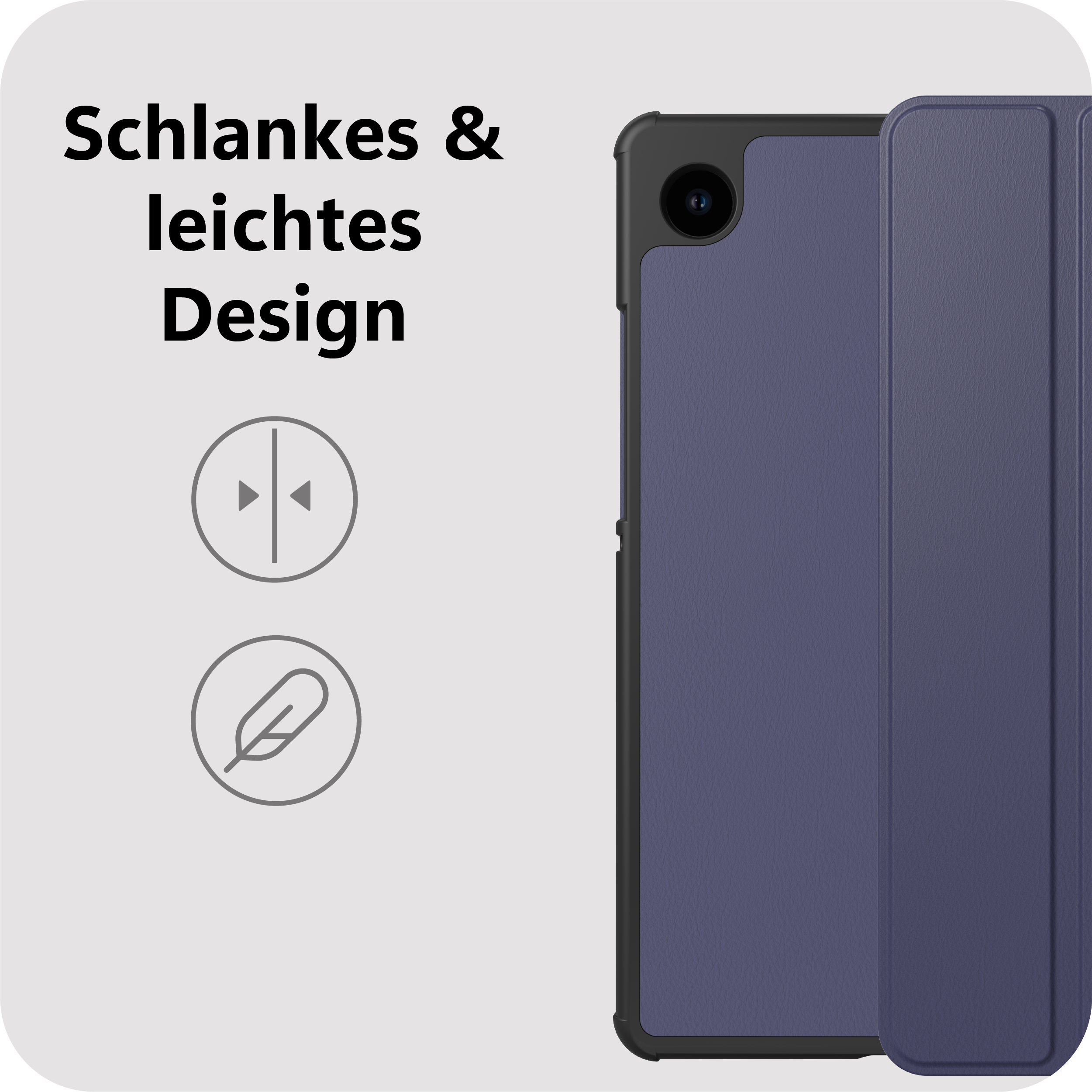 Schlankes, leichtes Design: Ein lila Tablet-Cover mit Kameraaussparung.