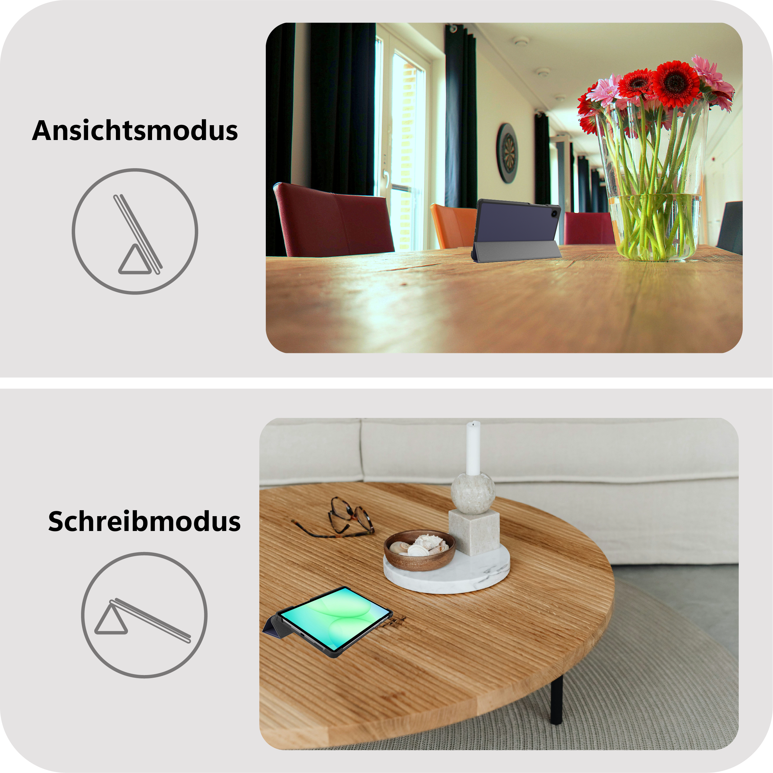 Ein Tablet auf einem Holztisch in einem Wohnbereich, neben einer Schale mit Muscheln.
