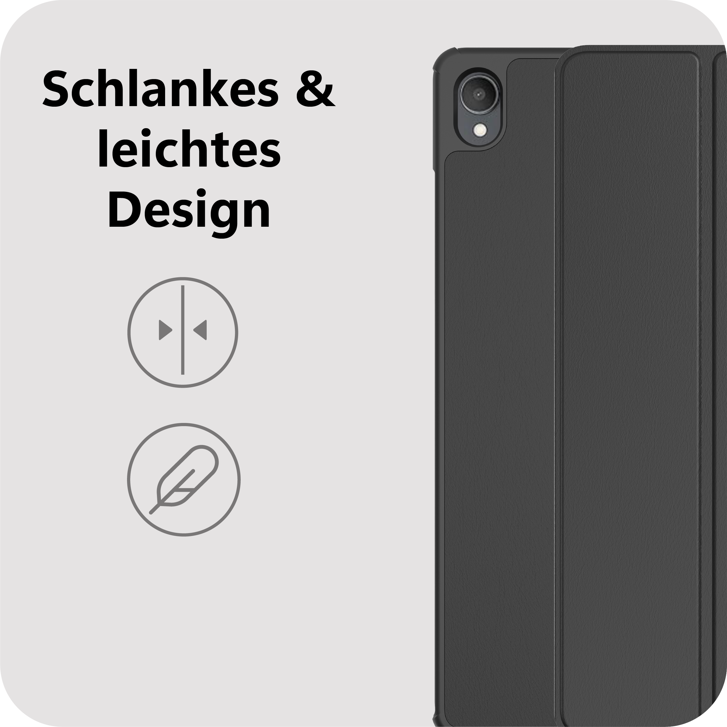 Schlankes, leichtes schwarzes Tablet-Case mit Kamerausschnitt und Symbolen.