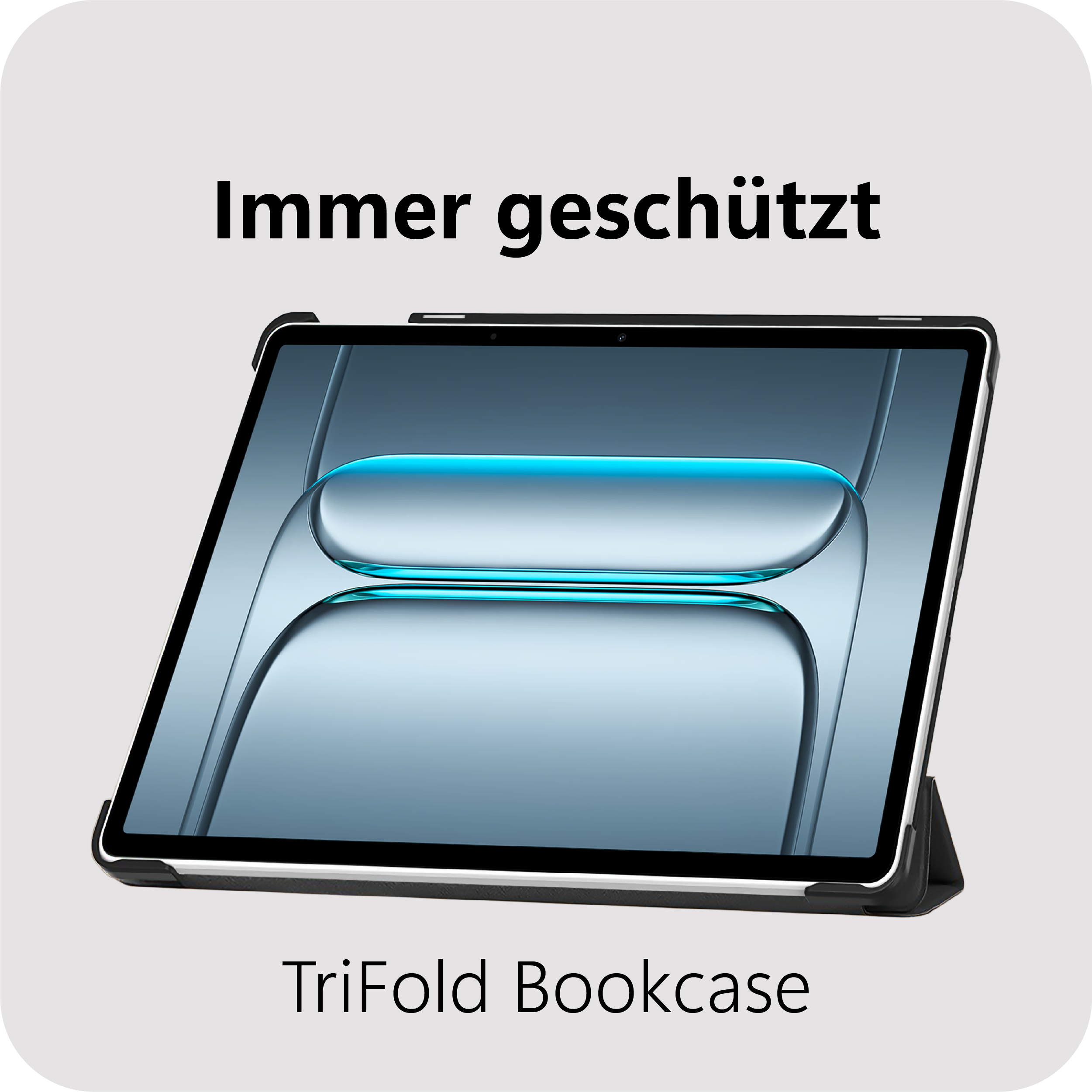 Ein Tablet mit schwarzer Hülle zeigt einen blauen, geschwungenen Bildschirmhintergrund.