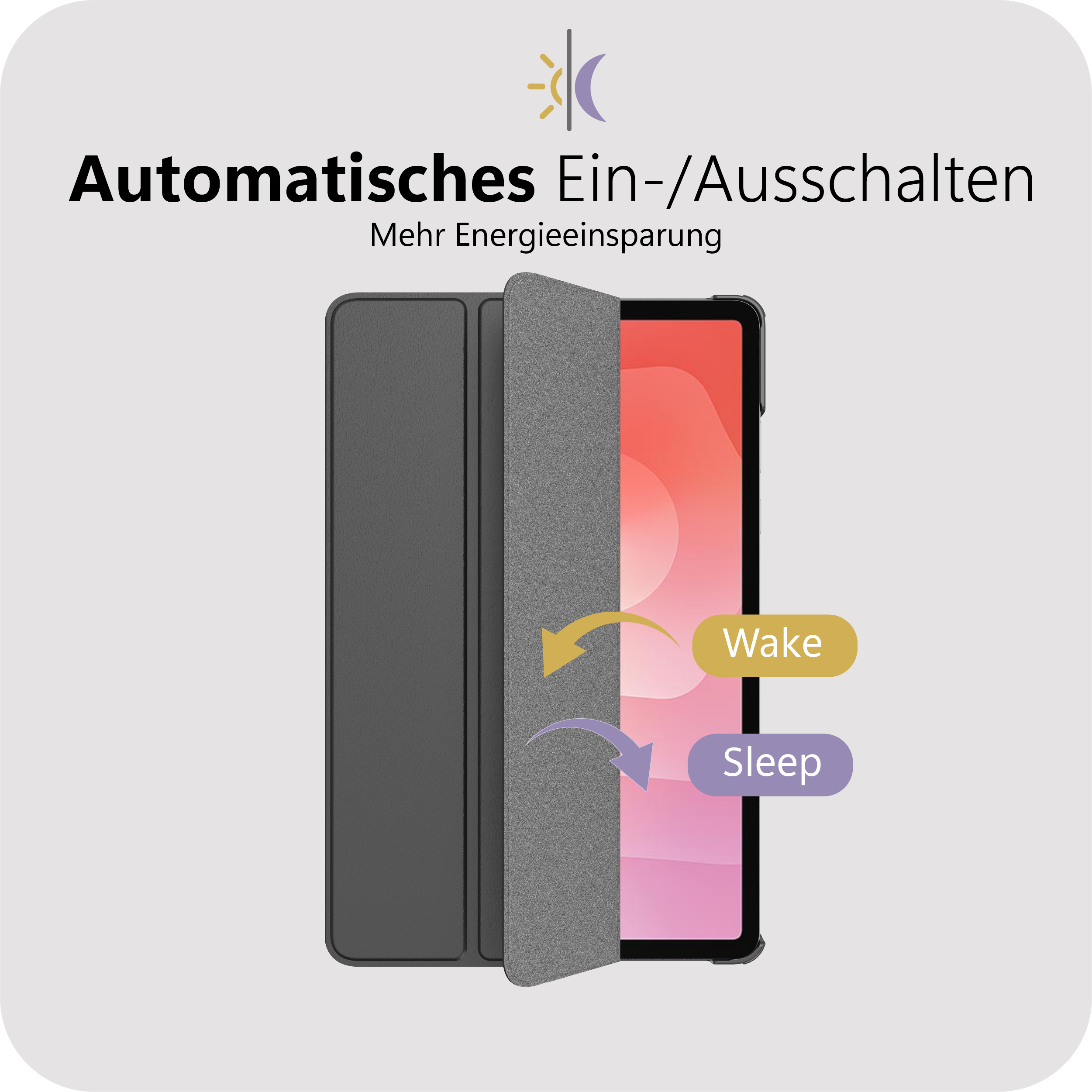 Ein Tablet mit einer grauen Hülle, die sich öffnet. "Wake" und "Sleep" sind beschriftet.
