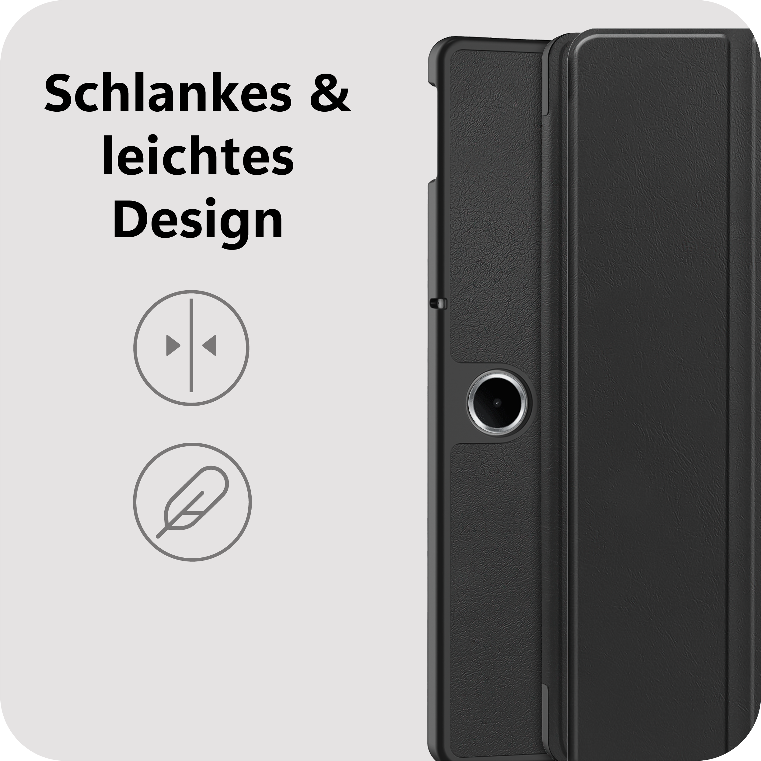 Schwarzes Handycover mit Text und Symbolen für schlankes Design.