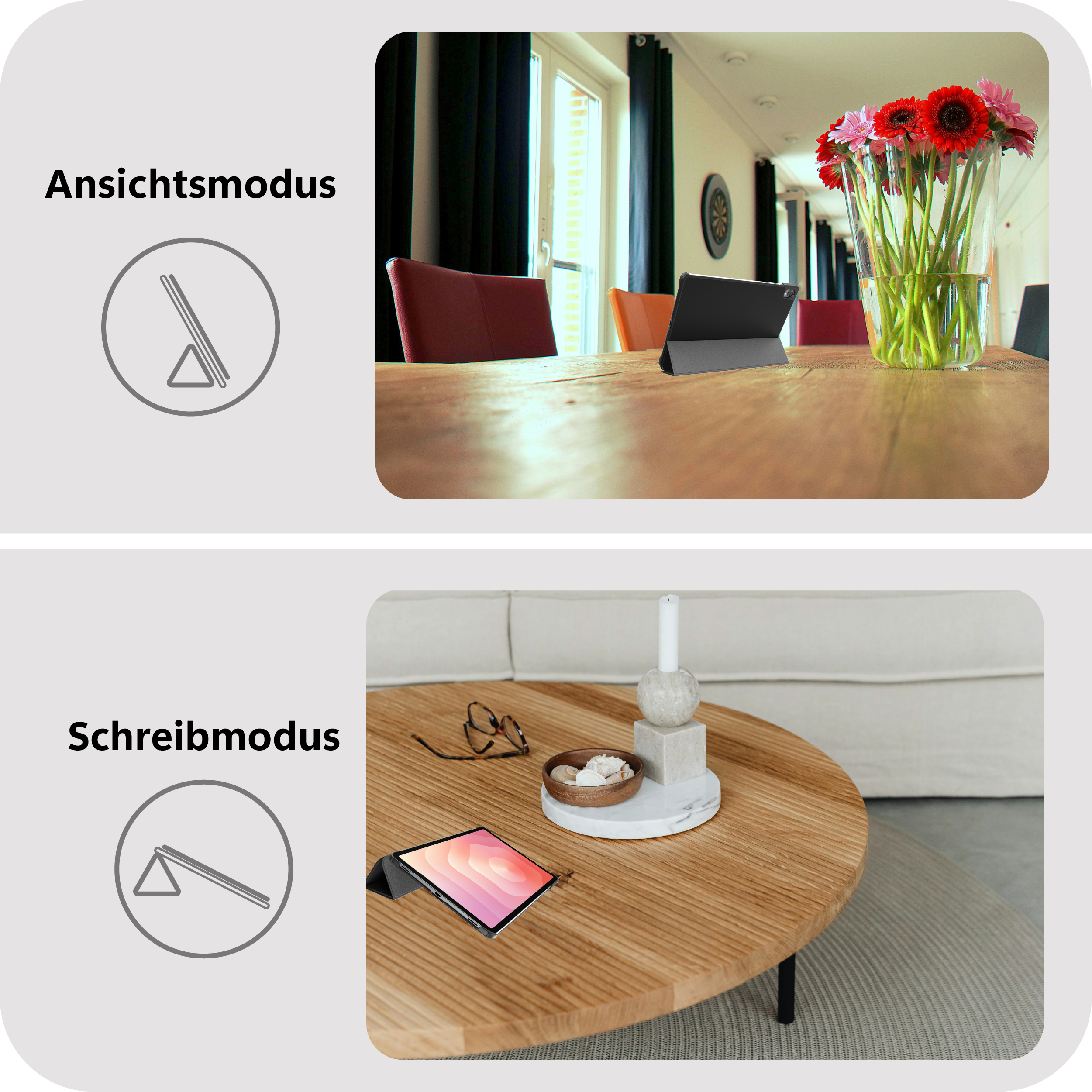 Zwei Modi für ein Tablet: Ansicht und Schreiben, auf einem Holztisch.