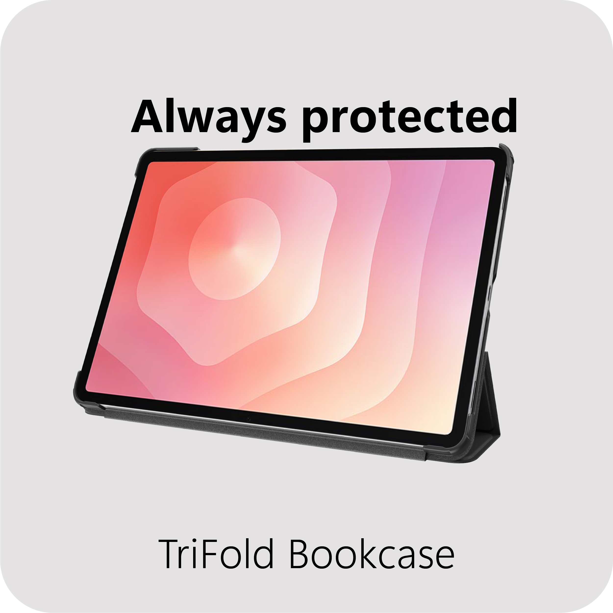 Ein Tablet mit einem rosafarbenen Hintergrund in einer schwarzen Hülle.