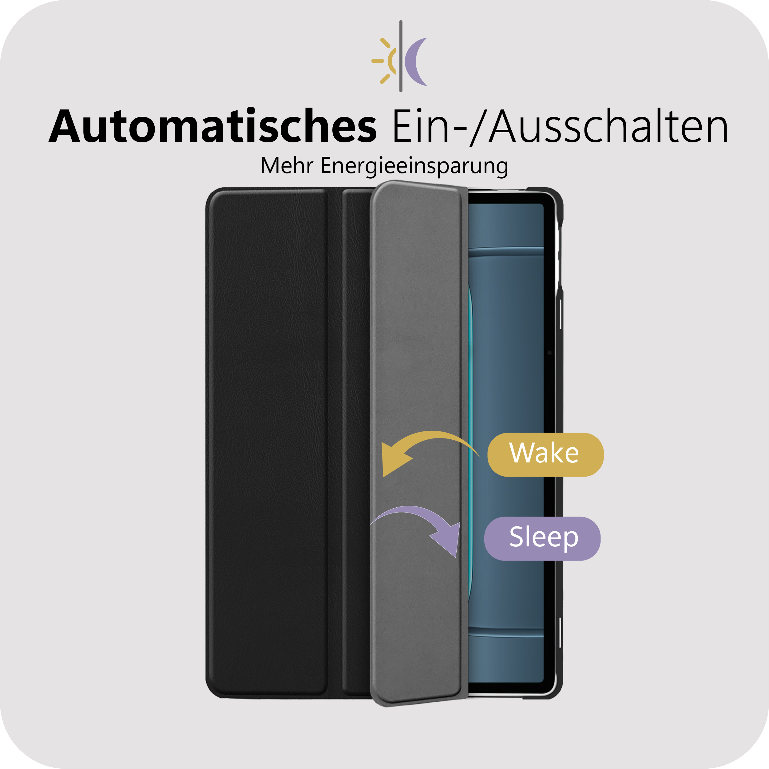 Ein Tablet mit schwarzer Hülle, das sich automatisch ein- und ausschaltet.