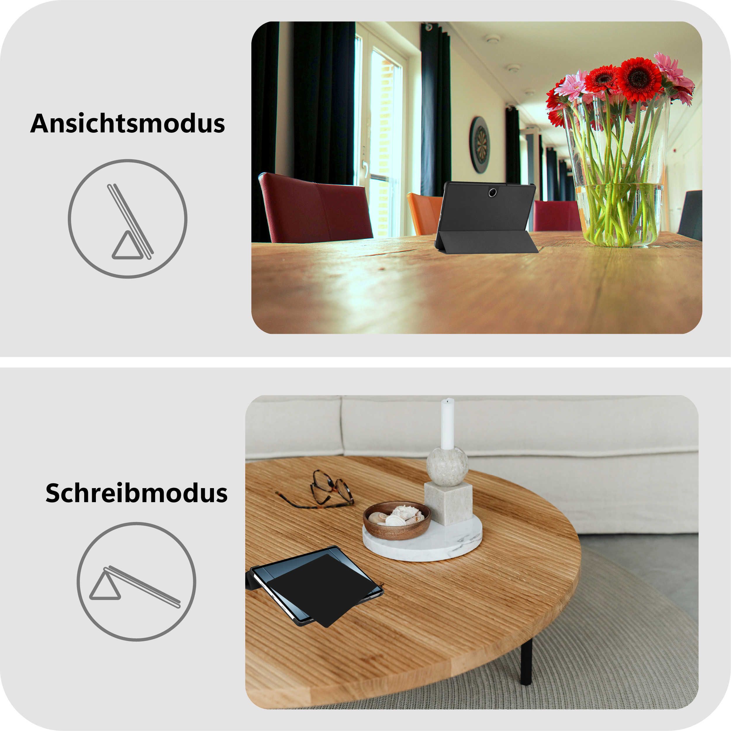 Ein Tablet steht im Ansichtsmodus auf einem Holztisch mit Blumen.
