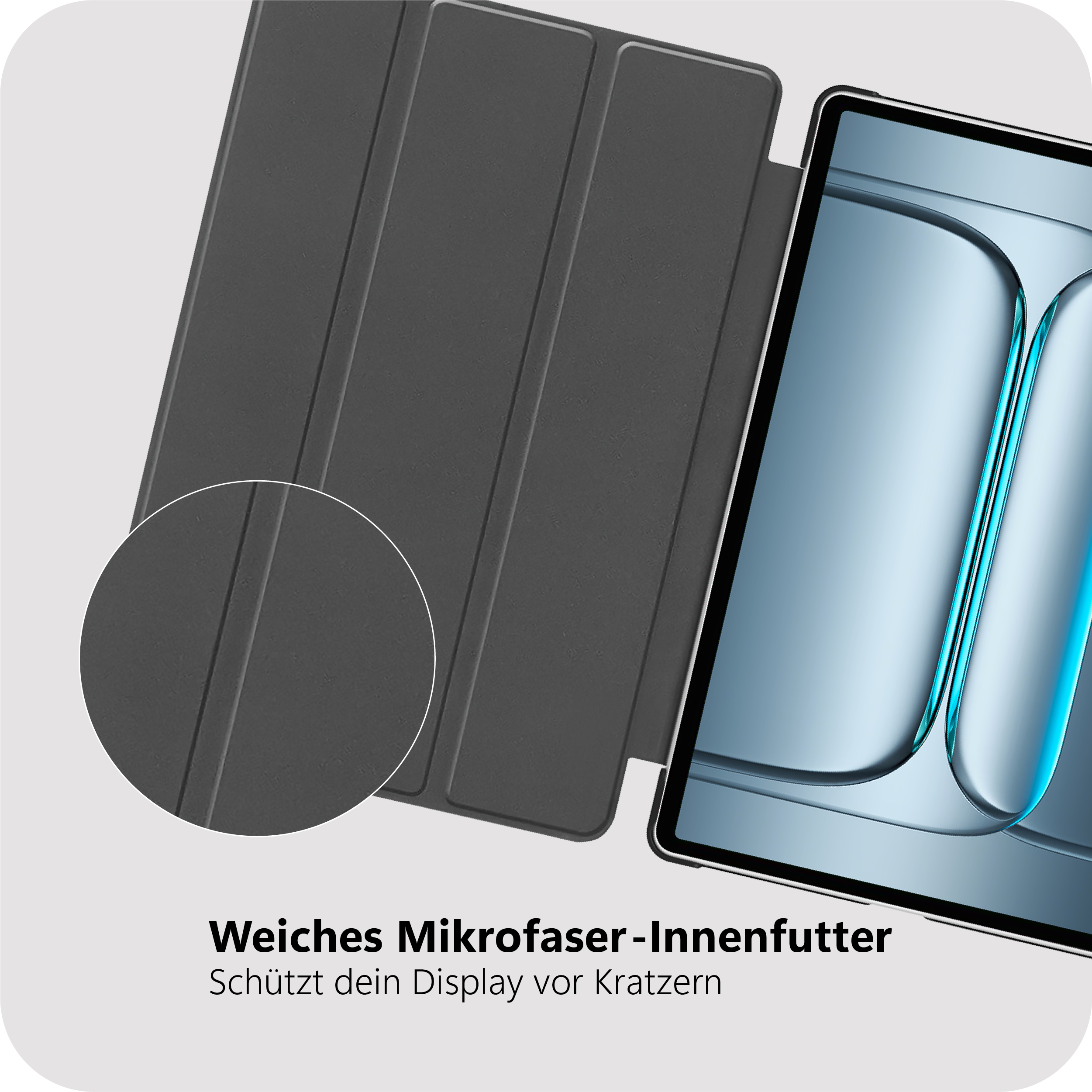 Grauer Tablet-Schutz mit Mikrofaser-Innenfutter und Display.