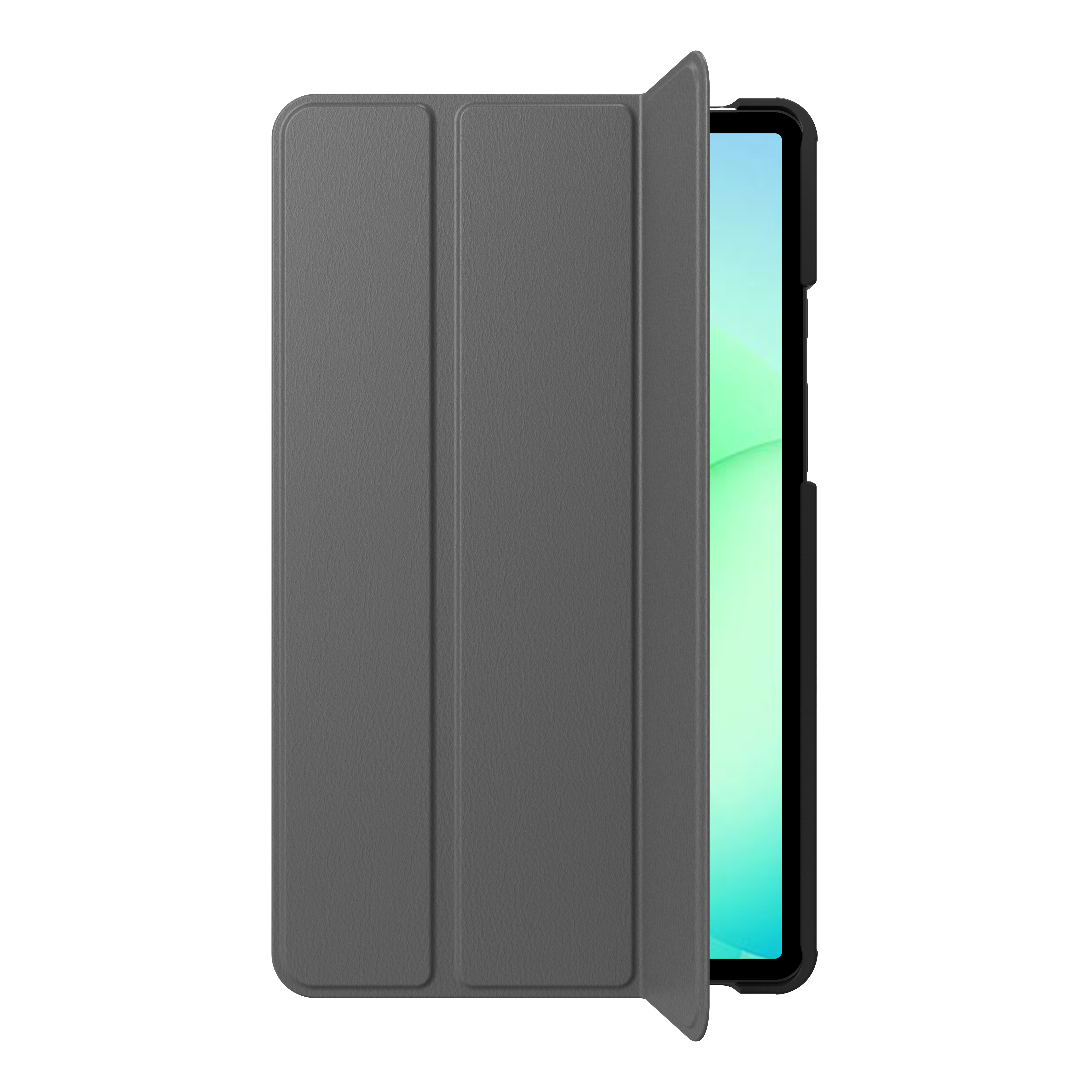 Grauer Tablet-Ständer mit offenem Bildschirm, der hellgrüne und blaue Farbtöne zeigt.