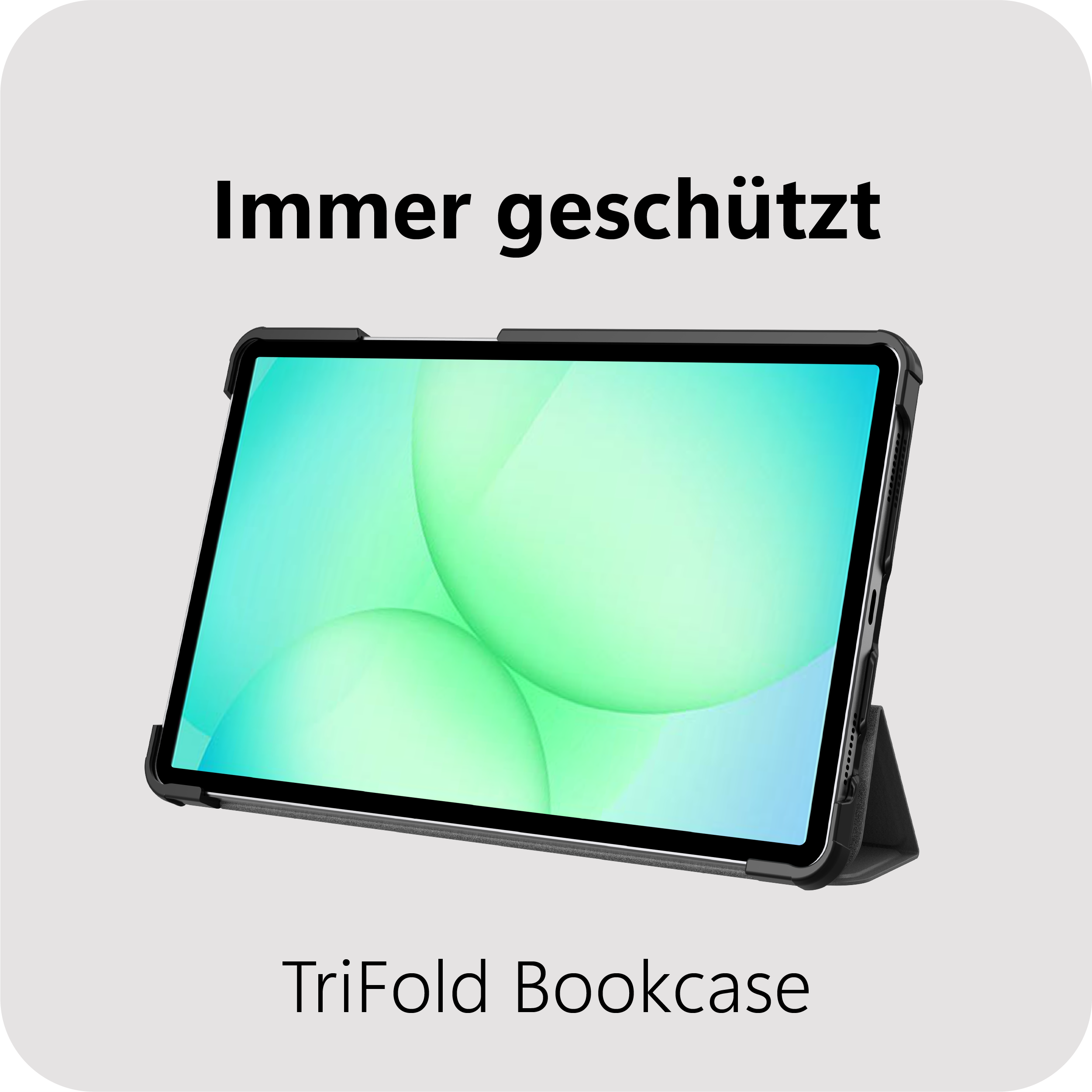 Ein Tablet mit einem schwarzen Schutzgehäuse steht auf einem Ständer. Text: Immer geschützt.