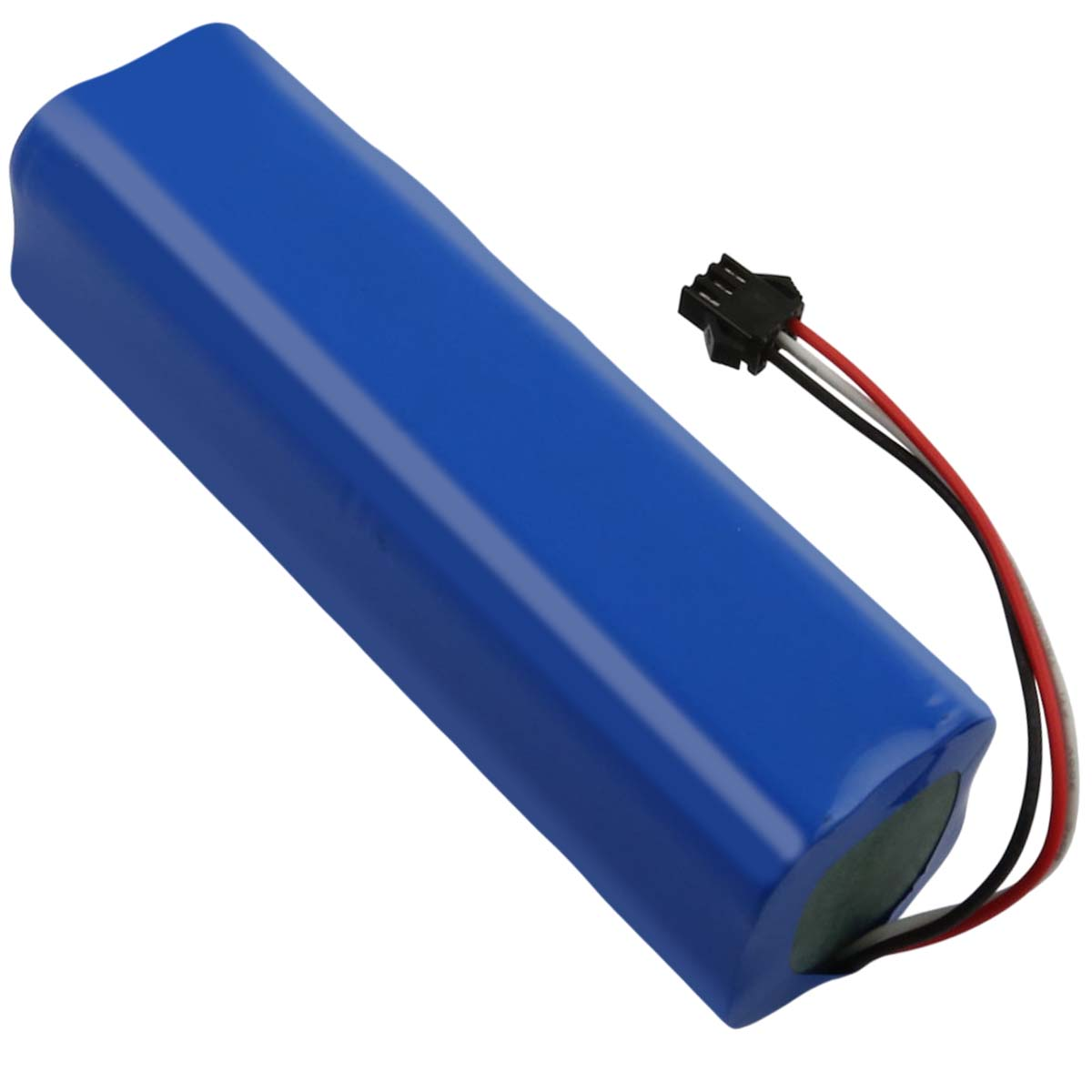 Un pacco batteria blu con tre fili e un connettore nero.