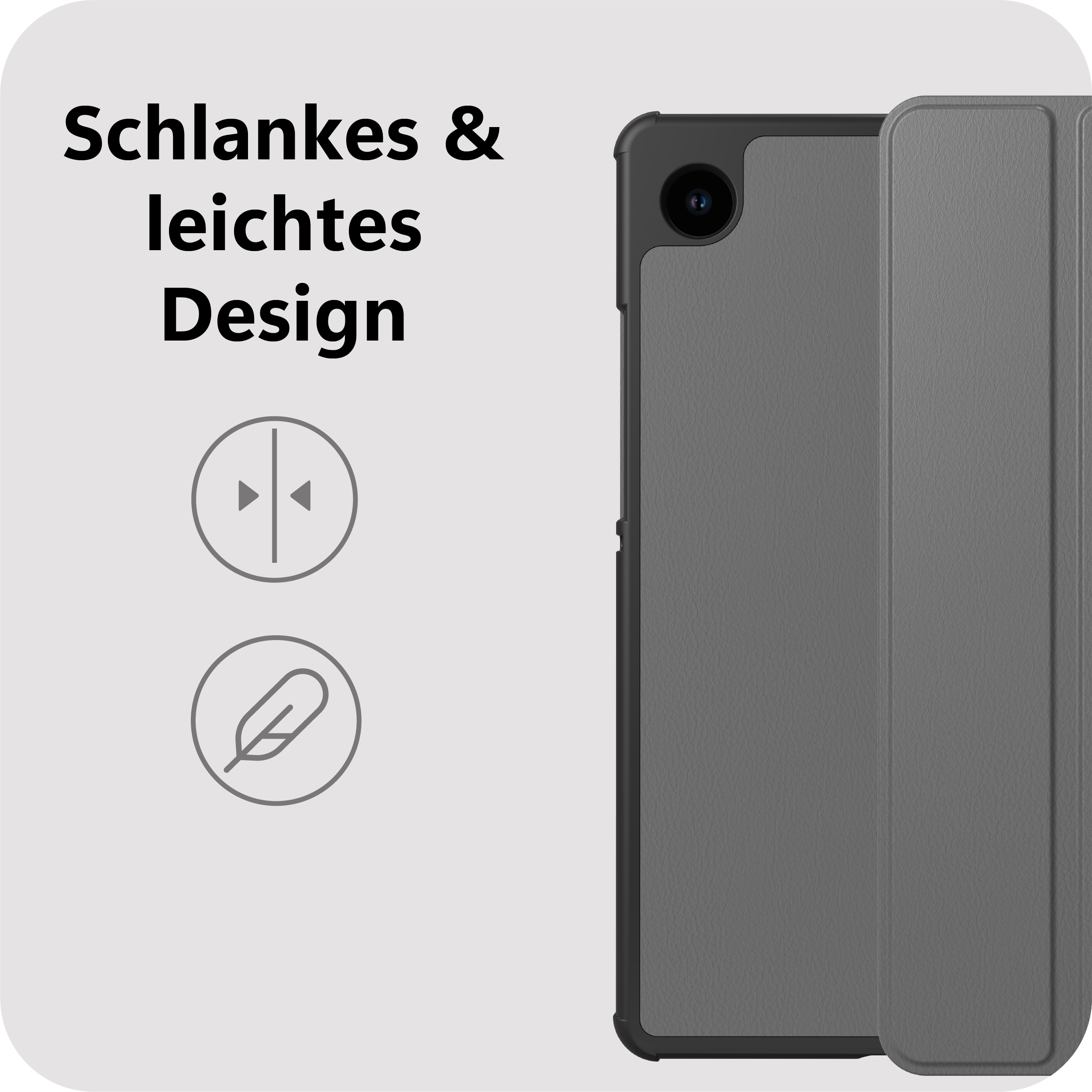 Graues Tablet mit Hülle, schlankes und leichtes Design.