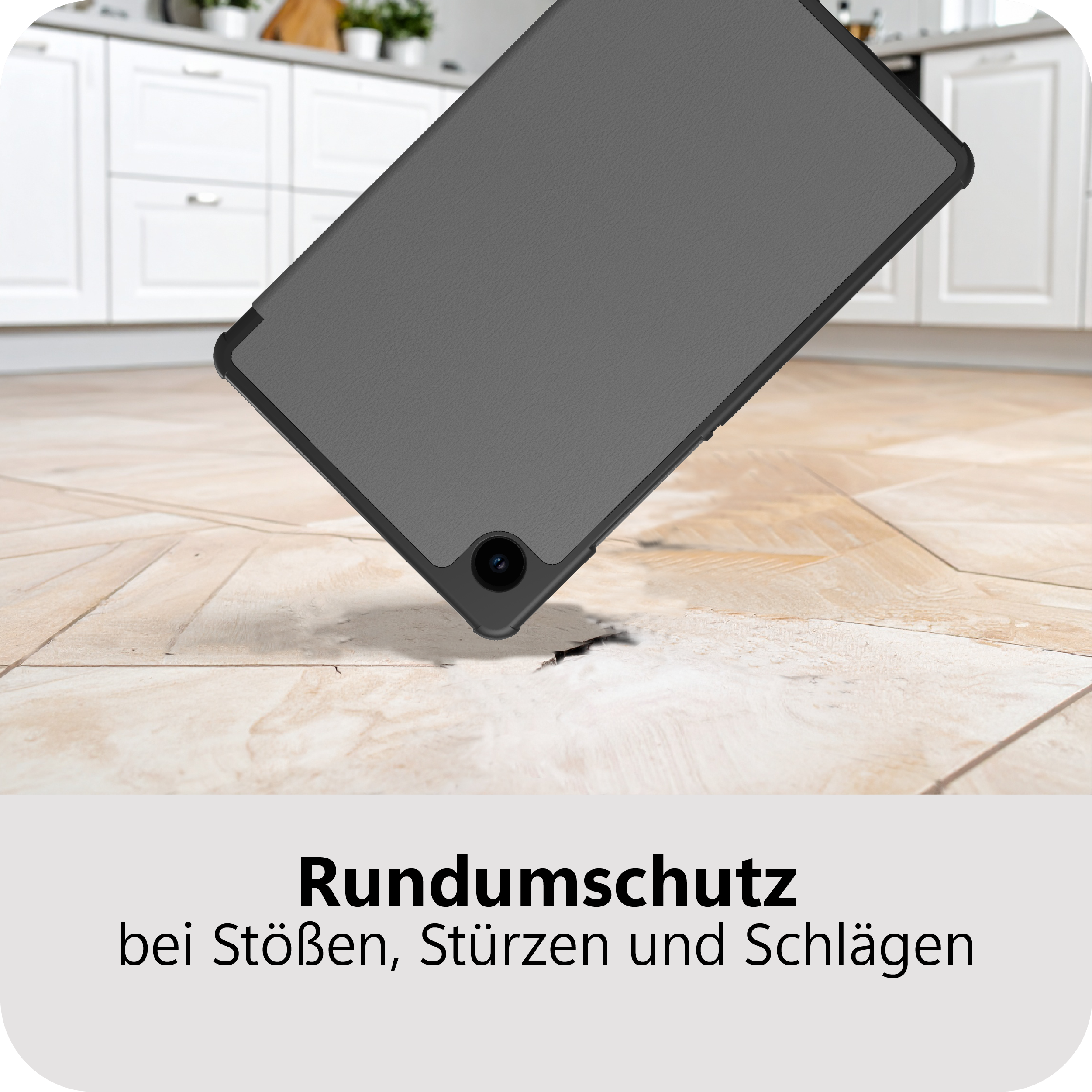 Graues Tablet mit Kameraschutz fällt auf Holzboden. Text: Rundumschutz bei Stößen.