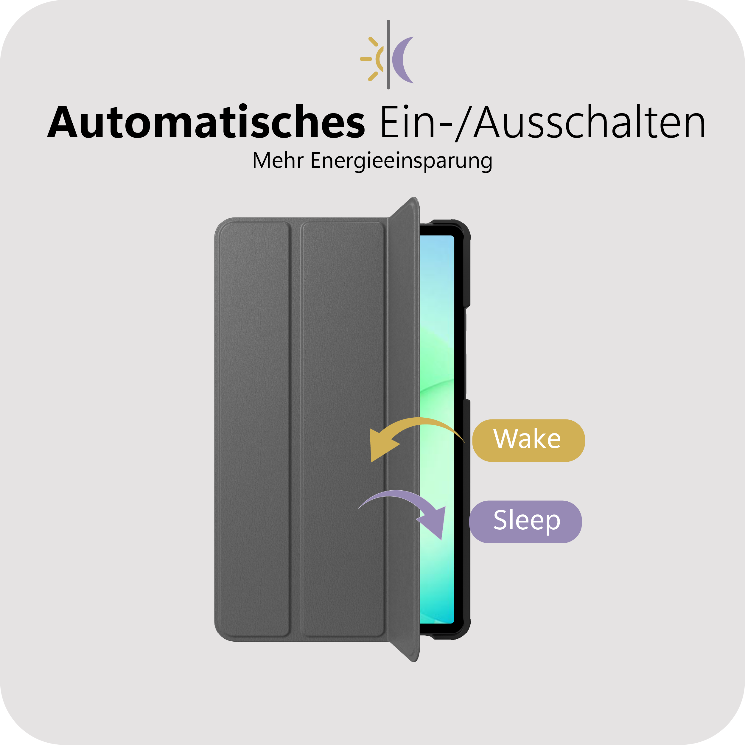 Ein graues Tablet mit Hülle, das sich öffnet, um den Bildschirm zu zeigen.