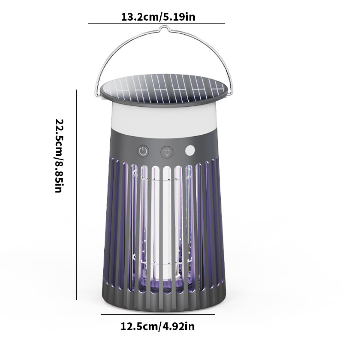 Lámpara solar antimosquitos con asa plateada y rejilla morada.