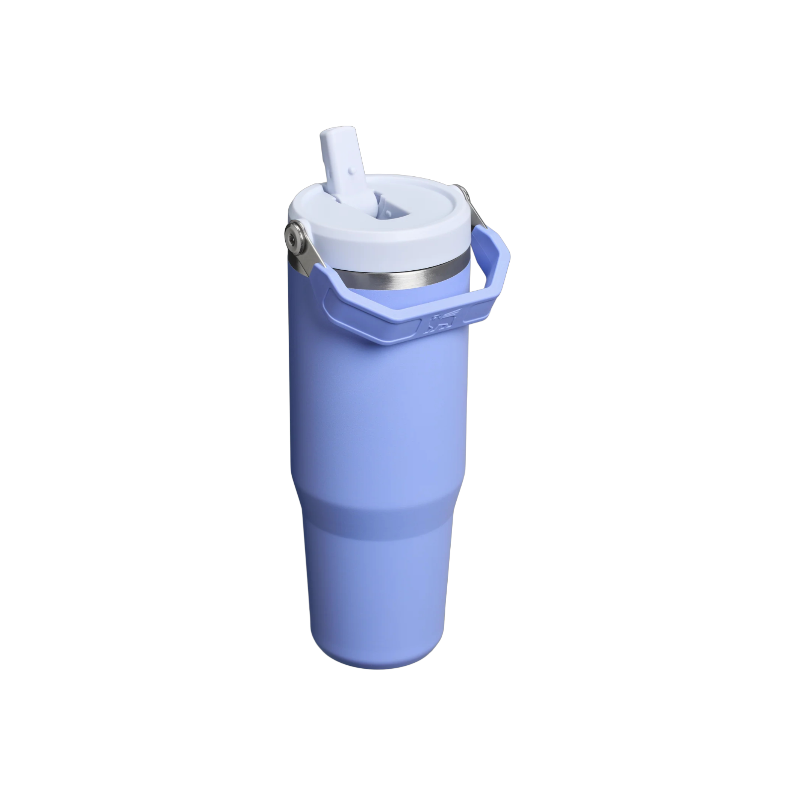 Un bicchiere azzurro con coperchio bianco, cannuccia e manico blu.