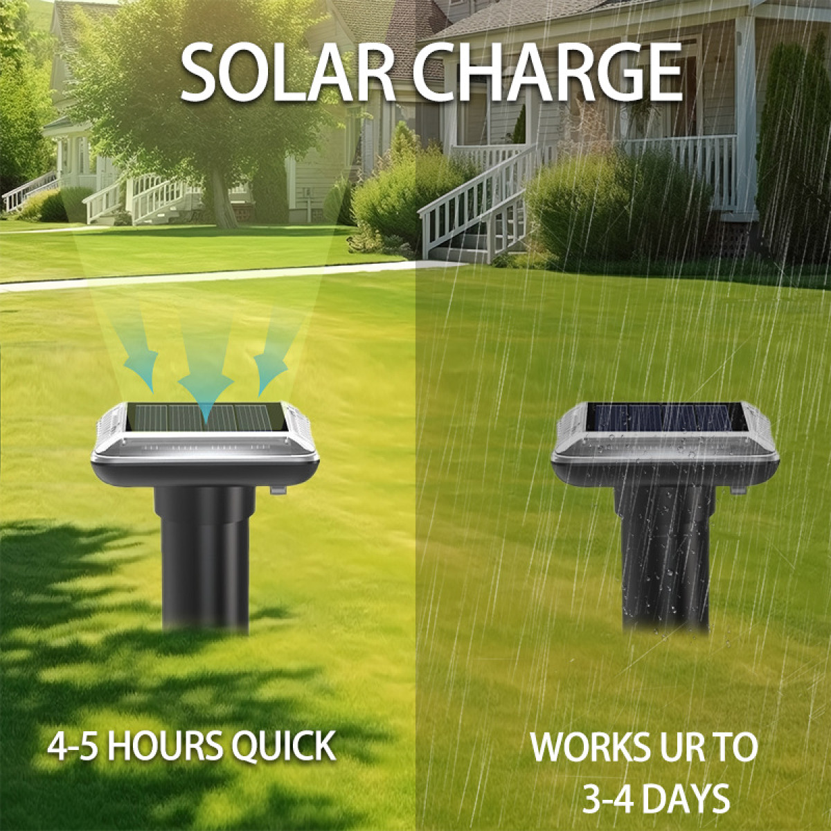 Solarbetriebenes Gerät im Garten, links in Sonne, rechts im Regen.
