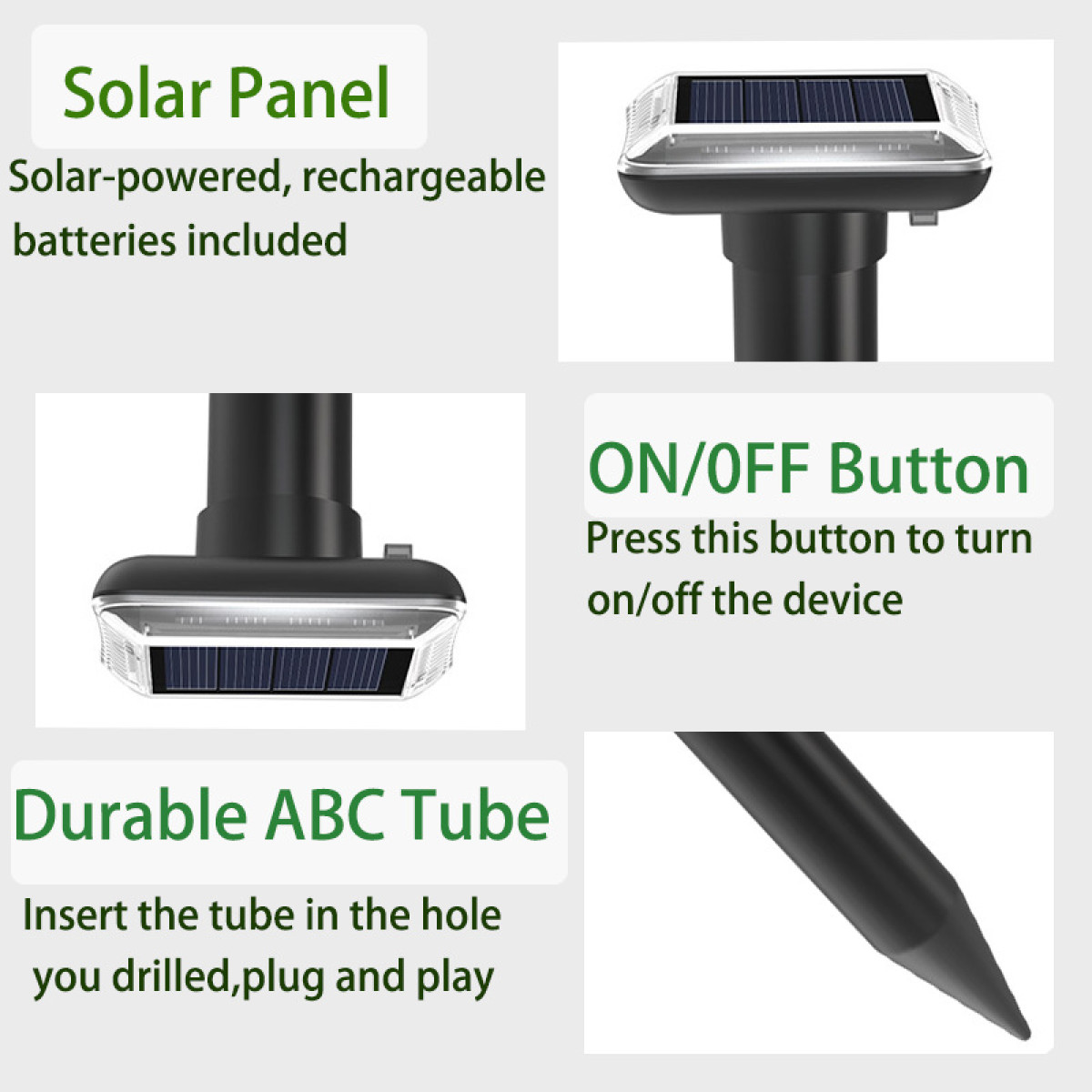 Solarpanel, ON/OFF-Knopf, langlebiger Röhrenfuß mit Spitze.