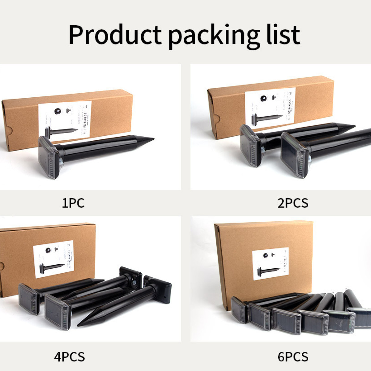 Produktverpackungsliste mit 1, 2, 4 und 6 Stück Solarleuchten.