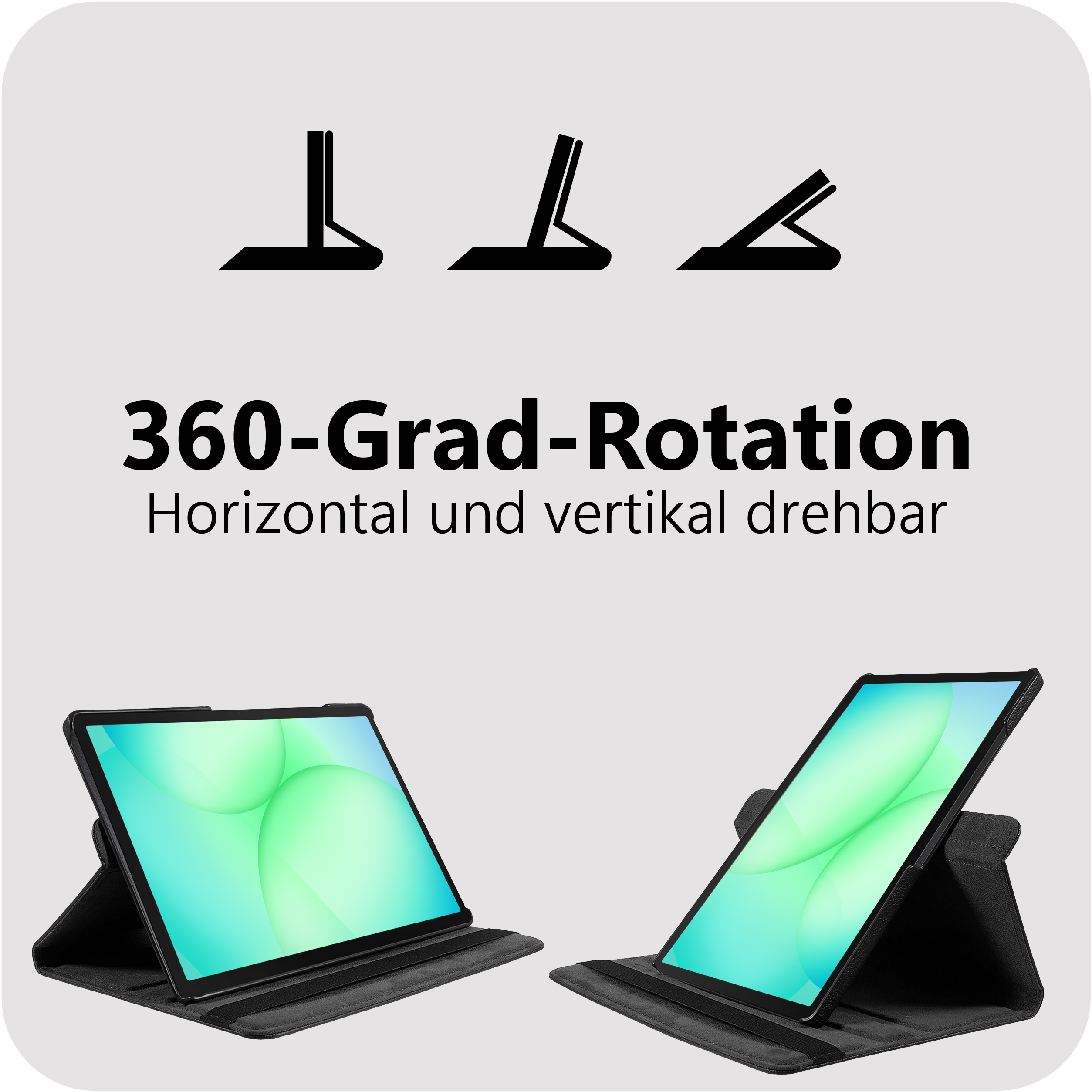 Tablet in schwarzer Hülle, drehbar für Hoch- und Querformat.