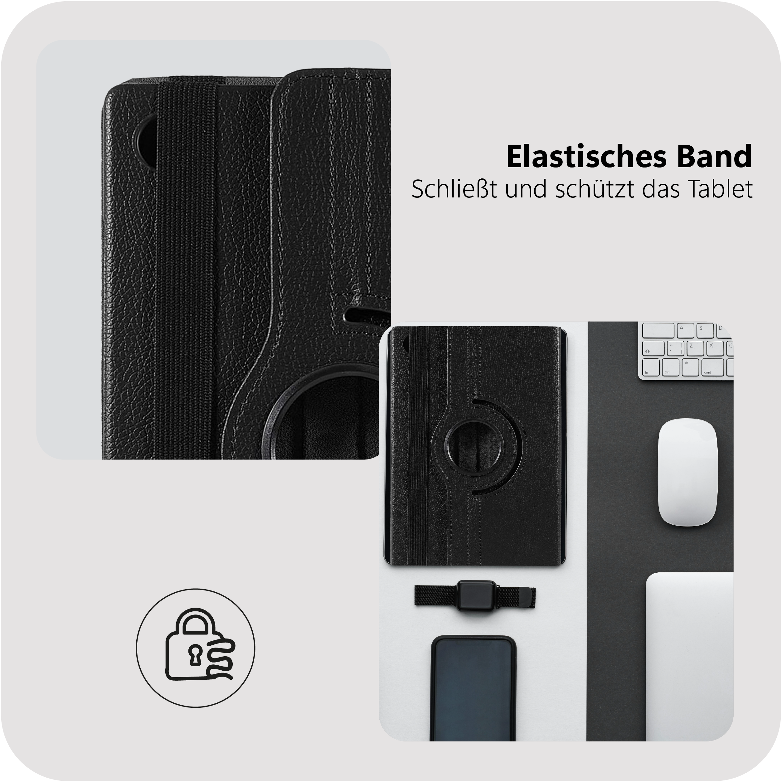 Schwarze Tablet Hülle mit elastischem Band, Tastatur, Maus und Smartphone.