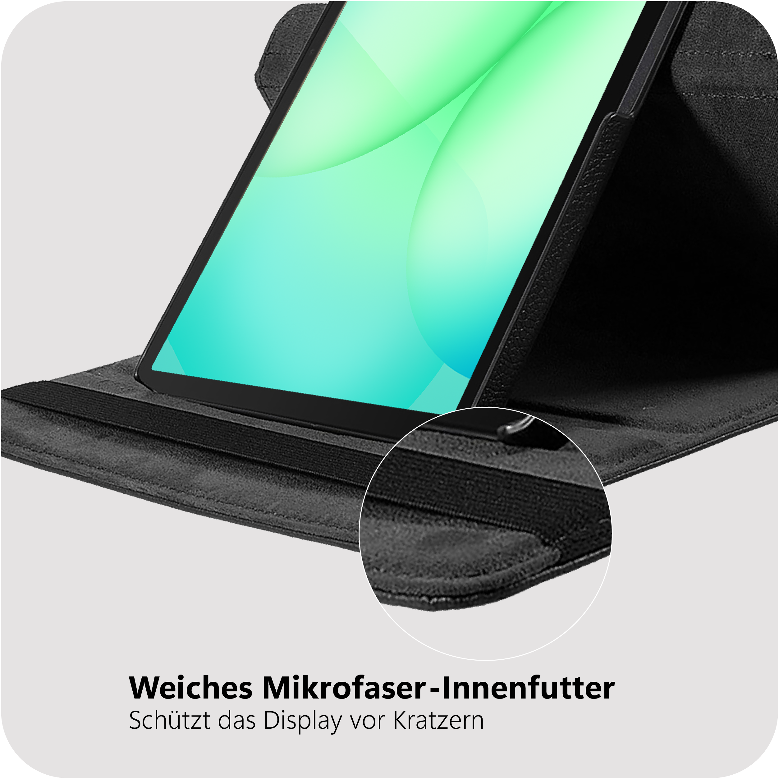 Schwarzes Tablet-Etui mit weichem Mikrofasereinsatz zum Schutz des Displays.