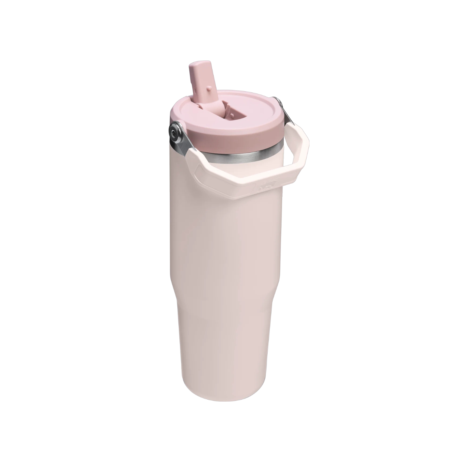 Pembe kapaklı ve kulplu açık pembe termos bardak.