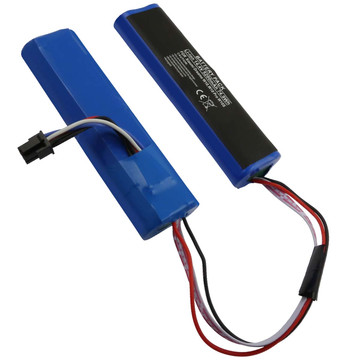 Due pacchi batteria blu con cavi e connettore nero su sfondo bianco.