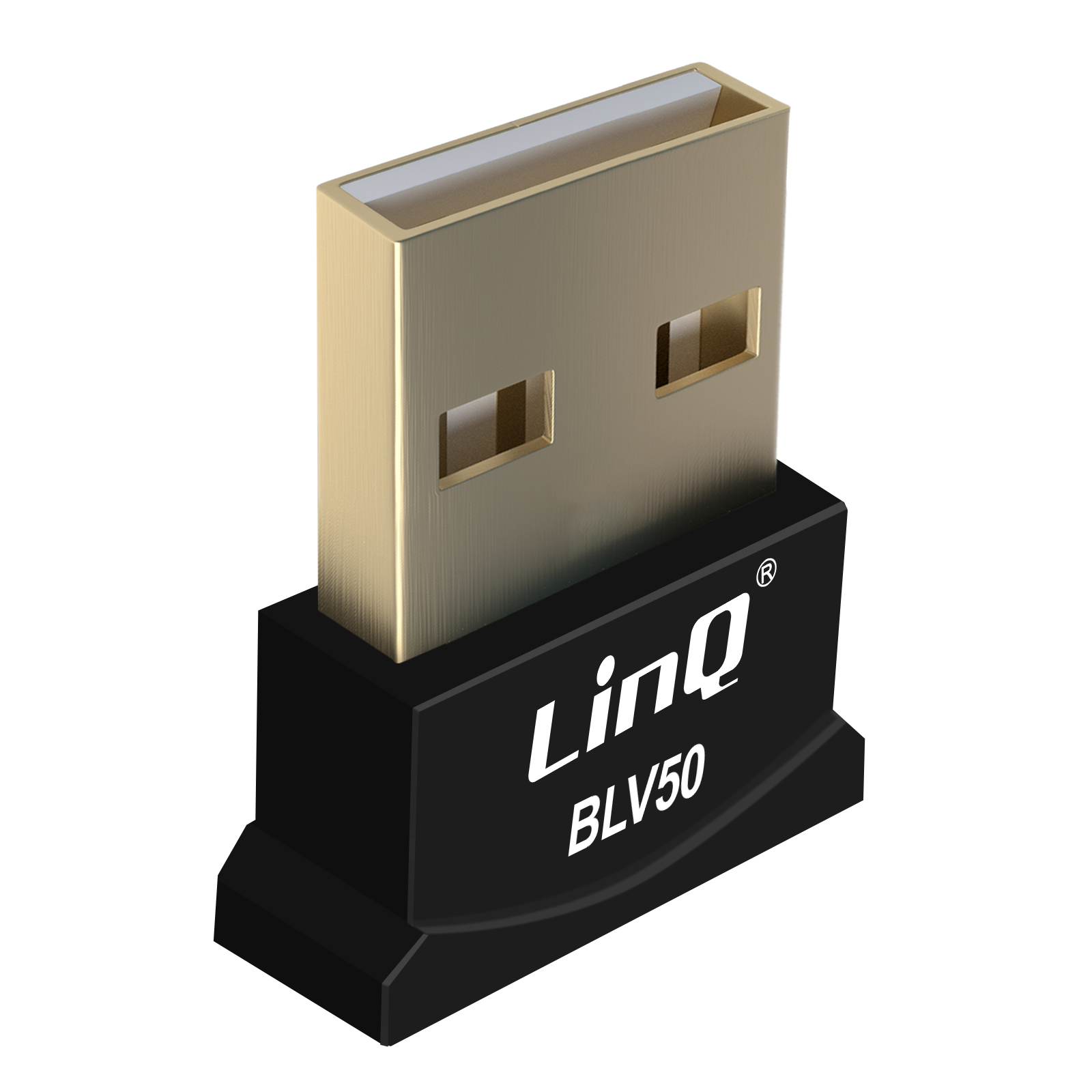 Un adaptador USB dorado con carcasa negra, con la etiqueta LinQ BLV50.