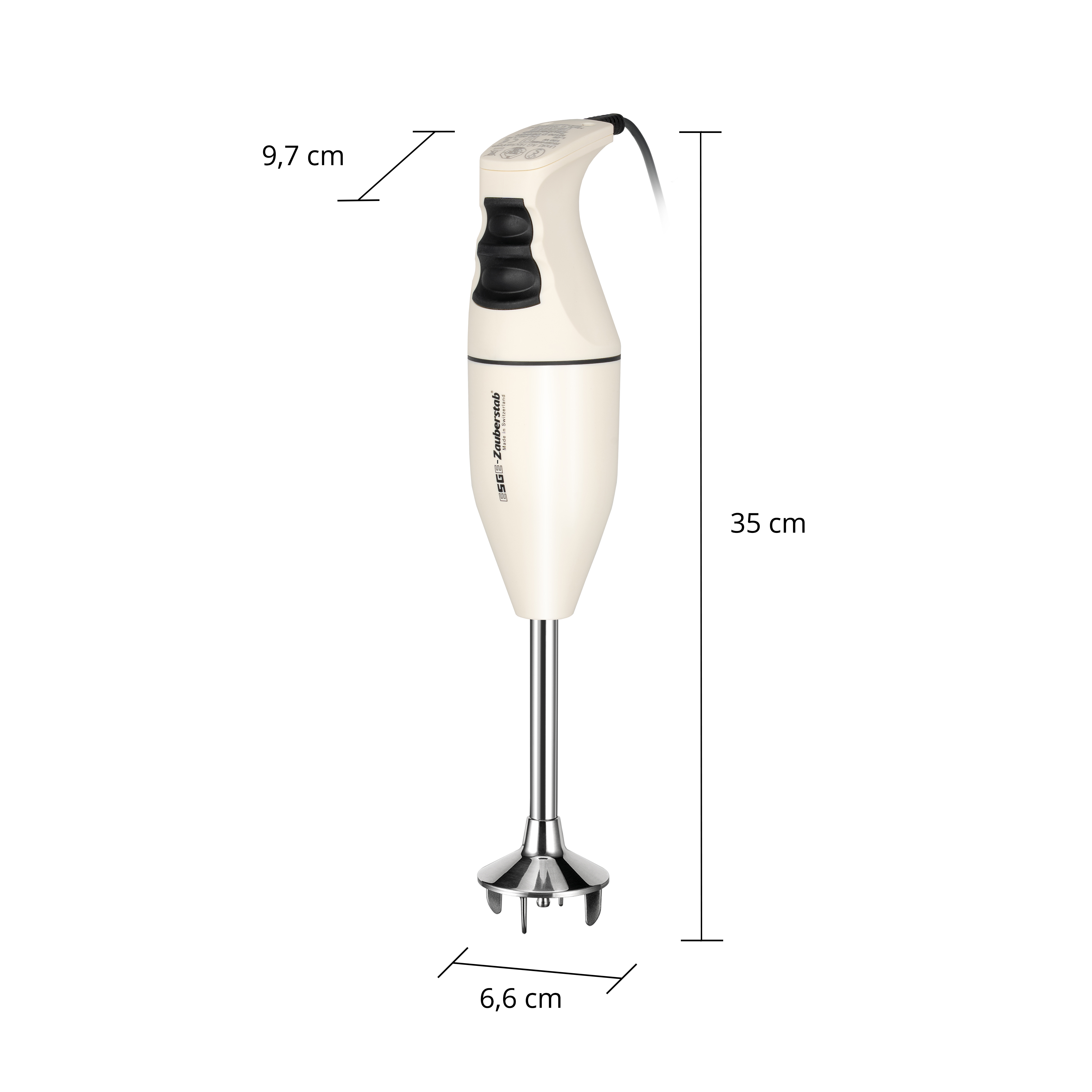 Ein cremefarbener Stabmixer mit schwarzen Tasten und silbernem Fuß. Maße sind angegeben.