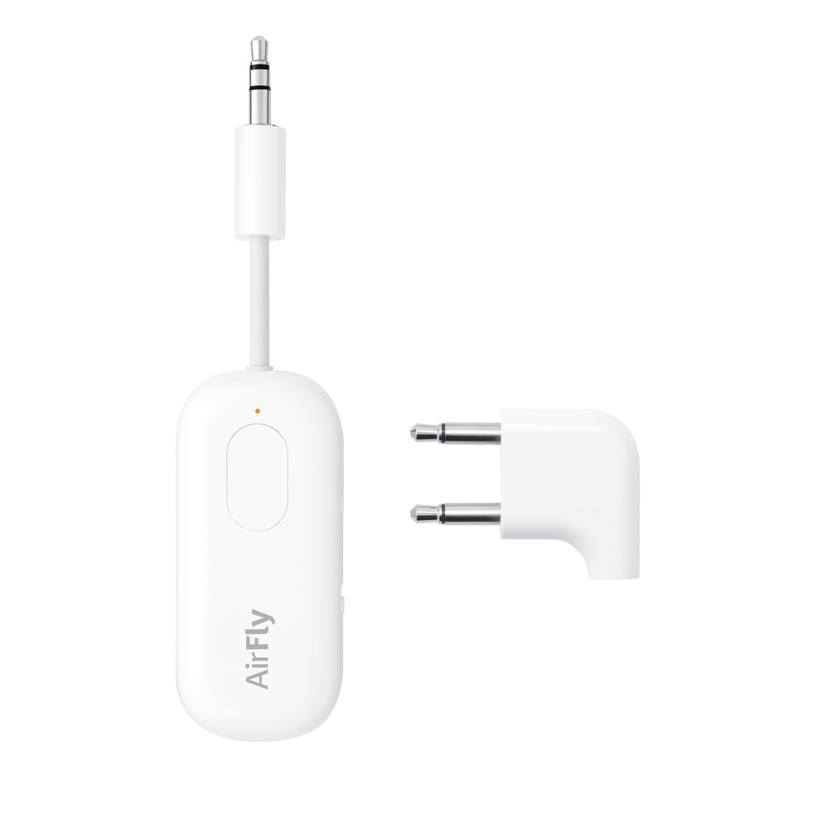 Weißer AirFly-Adapter mit 3,5-mm-Anschluss und zwei separaten Pins.