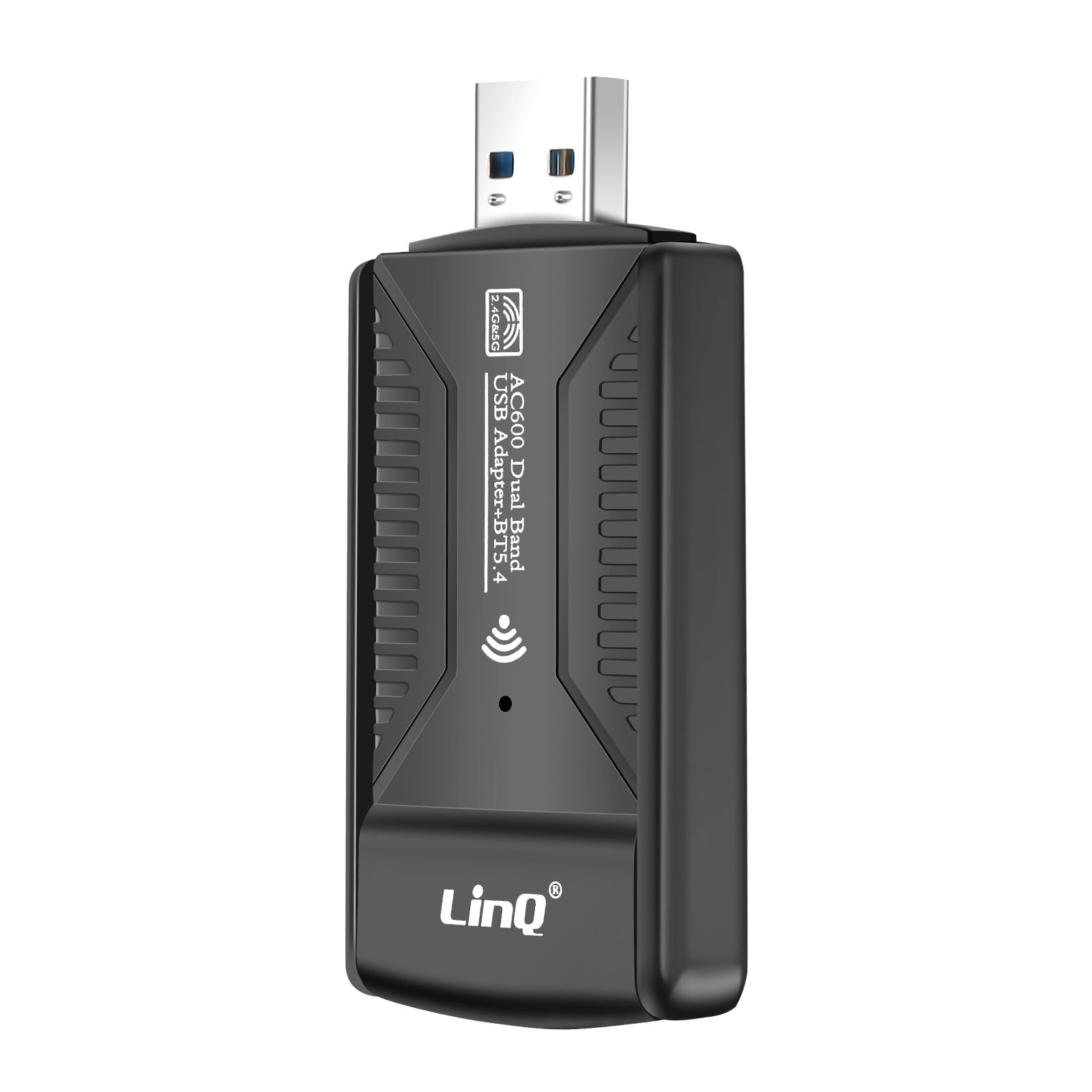 Un adaptador Wi-Fi USB negro con conector plateado y letras blancas.