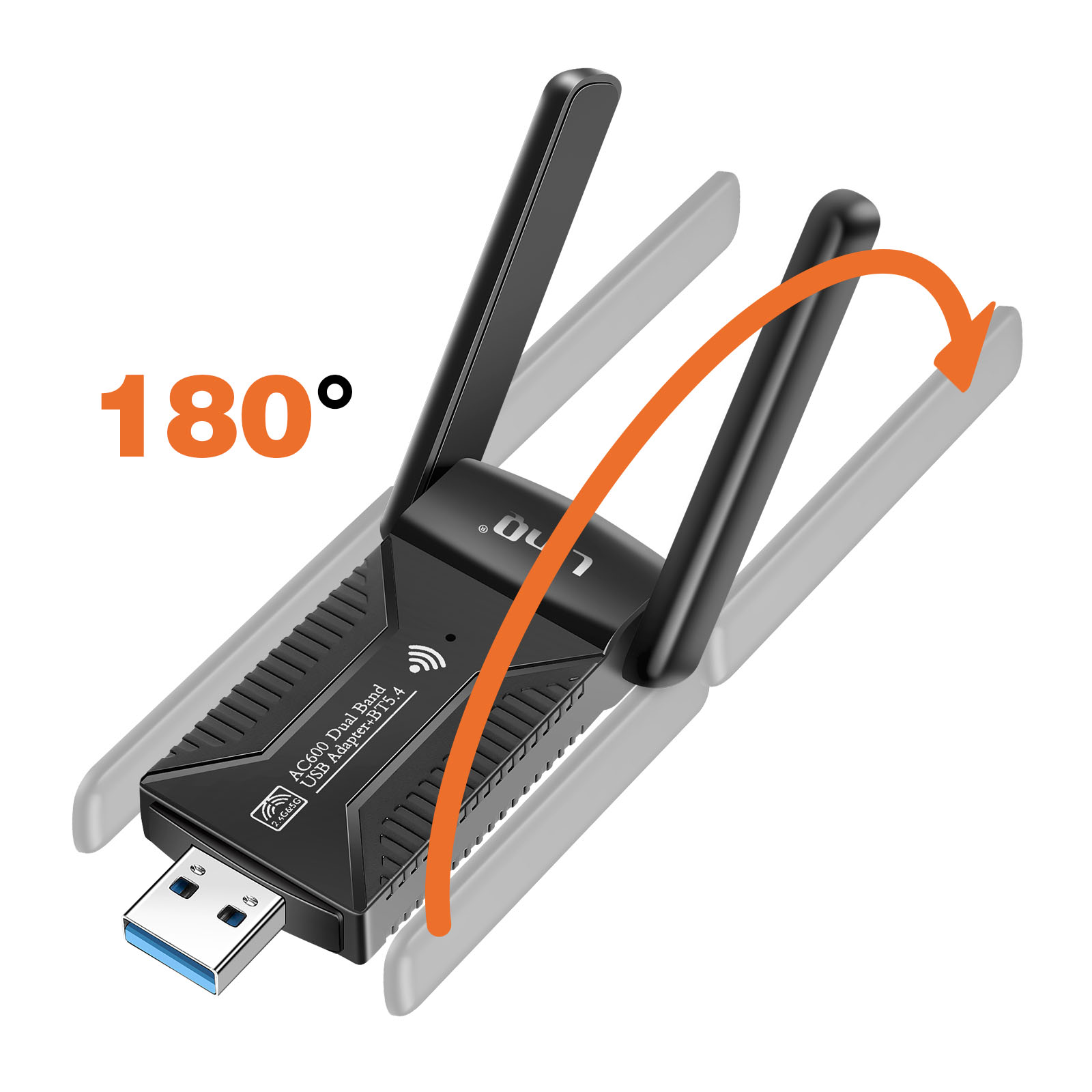 Adaptador WiFi USB negro con 2 antenas, giratorio 180 grados.