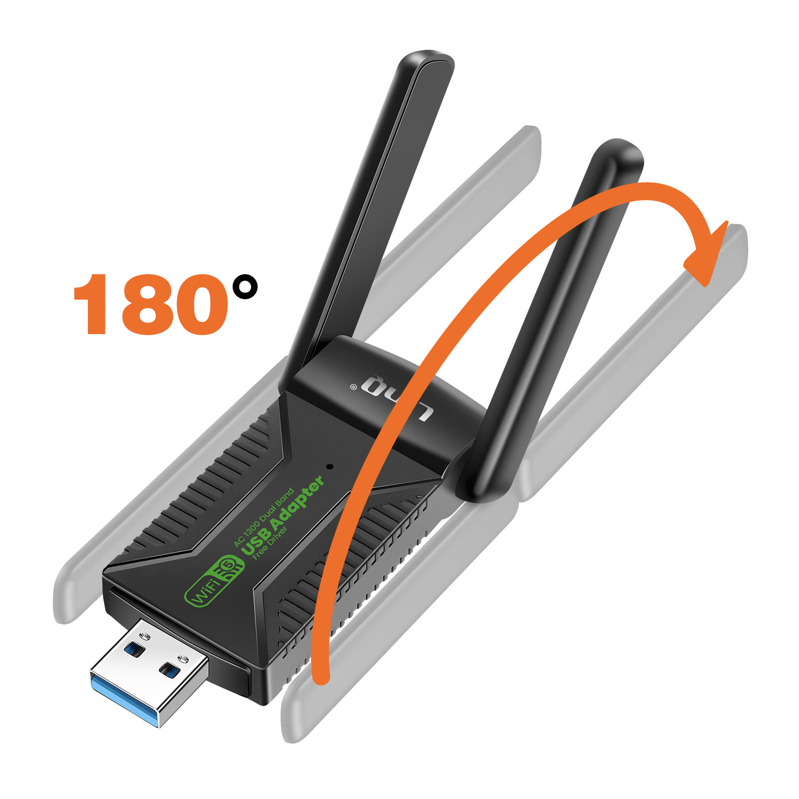 Un adaptador WiFi USB negro con dos antenas y una flecha naranja que indica rotación de 180 grados.