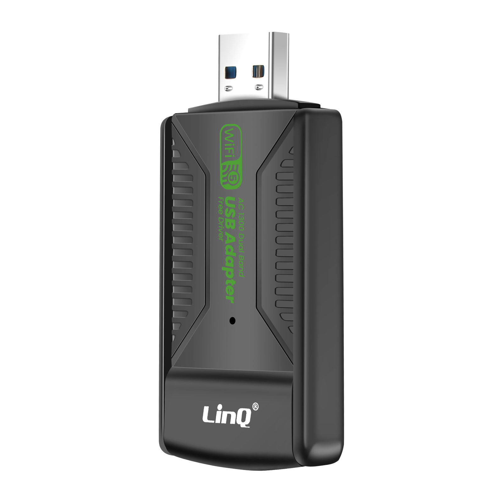 Adaptador WiFi USB negro con conector plateado y letras verdes.