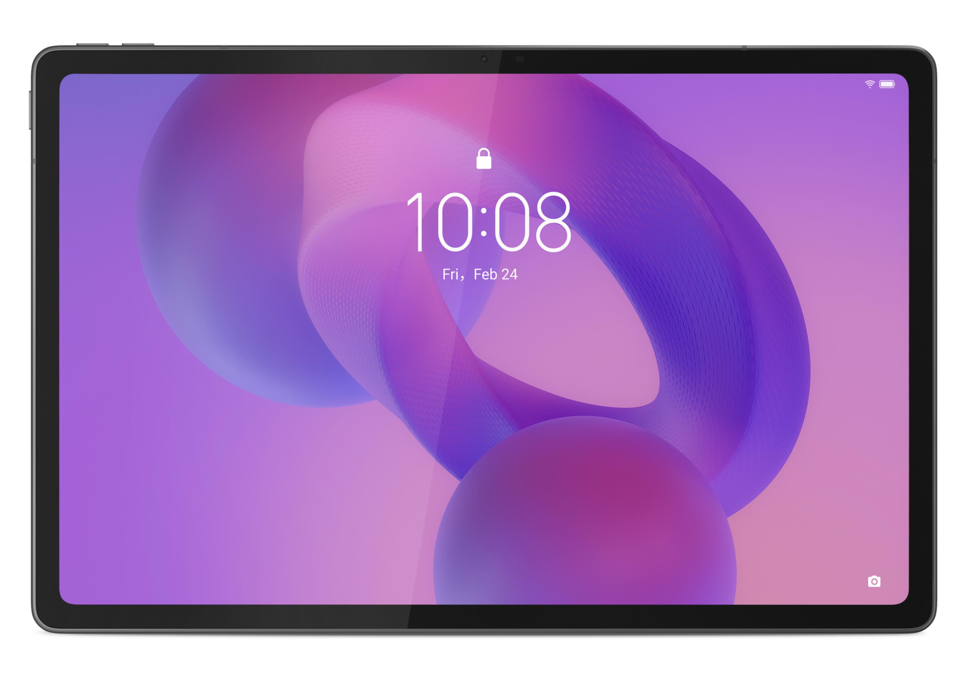 Un tablet mostra le 10:08 su uno sfondo astratto viola e blu.