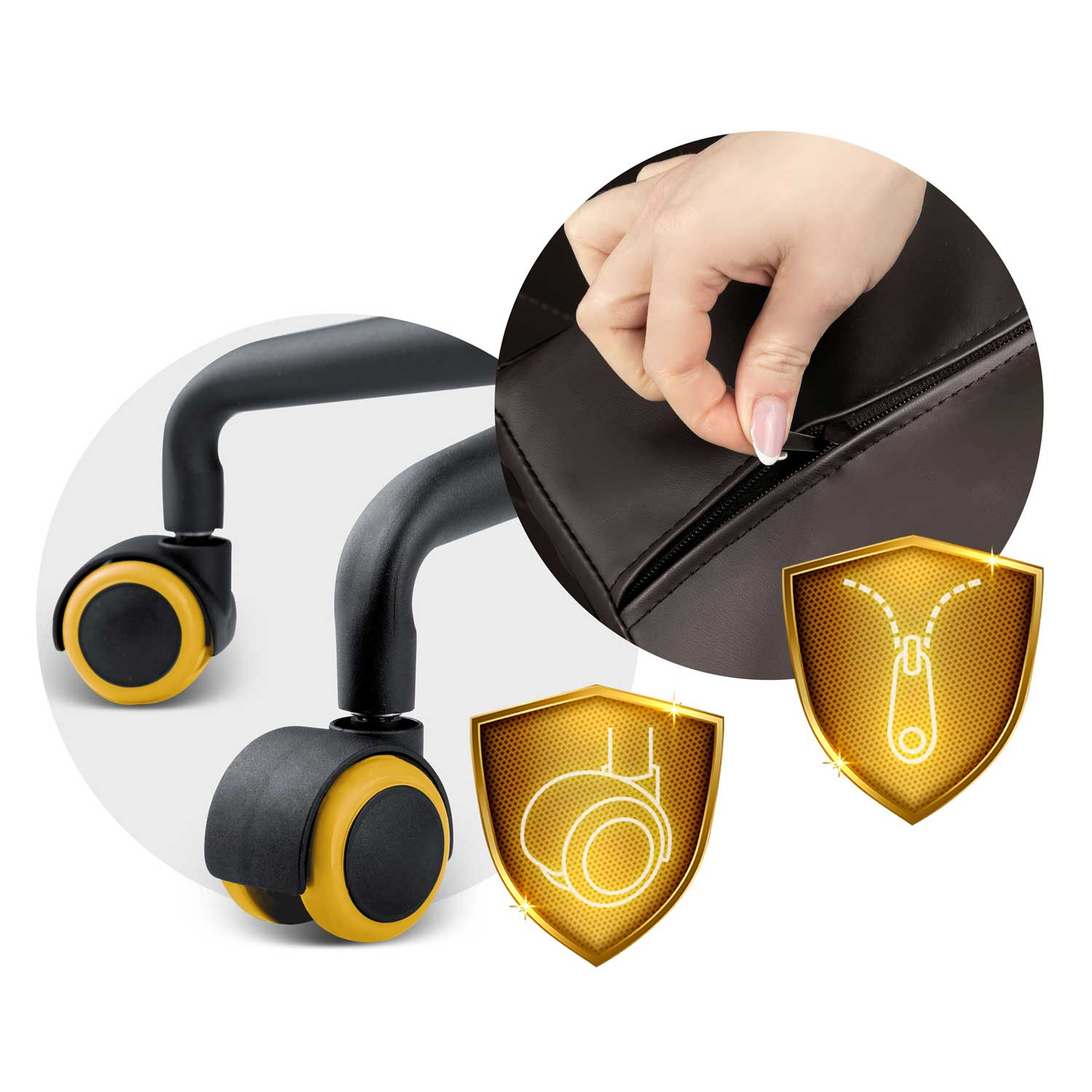 Zbliżenie kółek i zamka błyskawicznego. Tarcze pokazują koła i ikonę zamka.