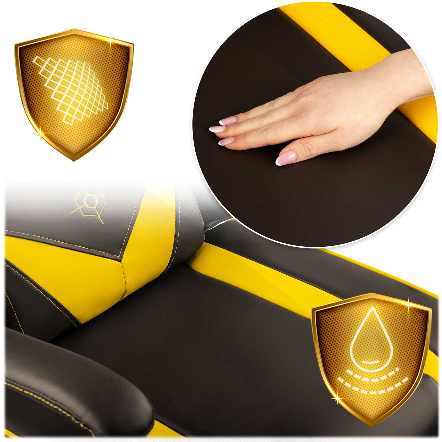 Czarno-żółty detal krzesła z tarczami pokazującymi ikony tekstury i kropli wody.