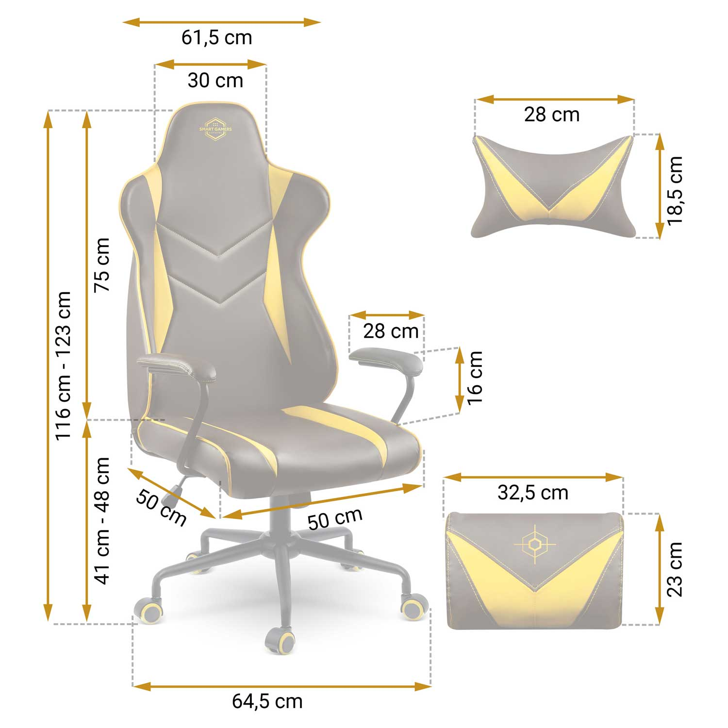 Krzesło gamingowe z wymiarami i poduszkami. Czarno-żółte.
