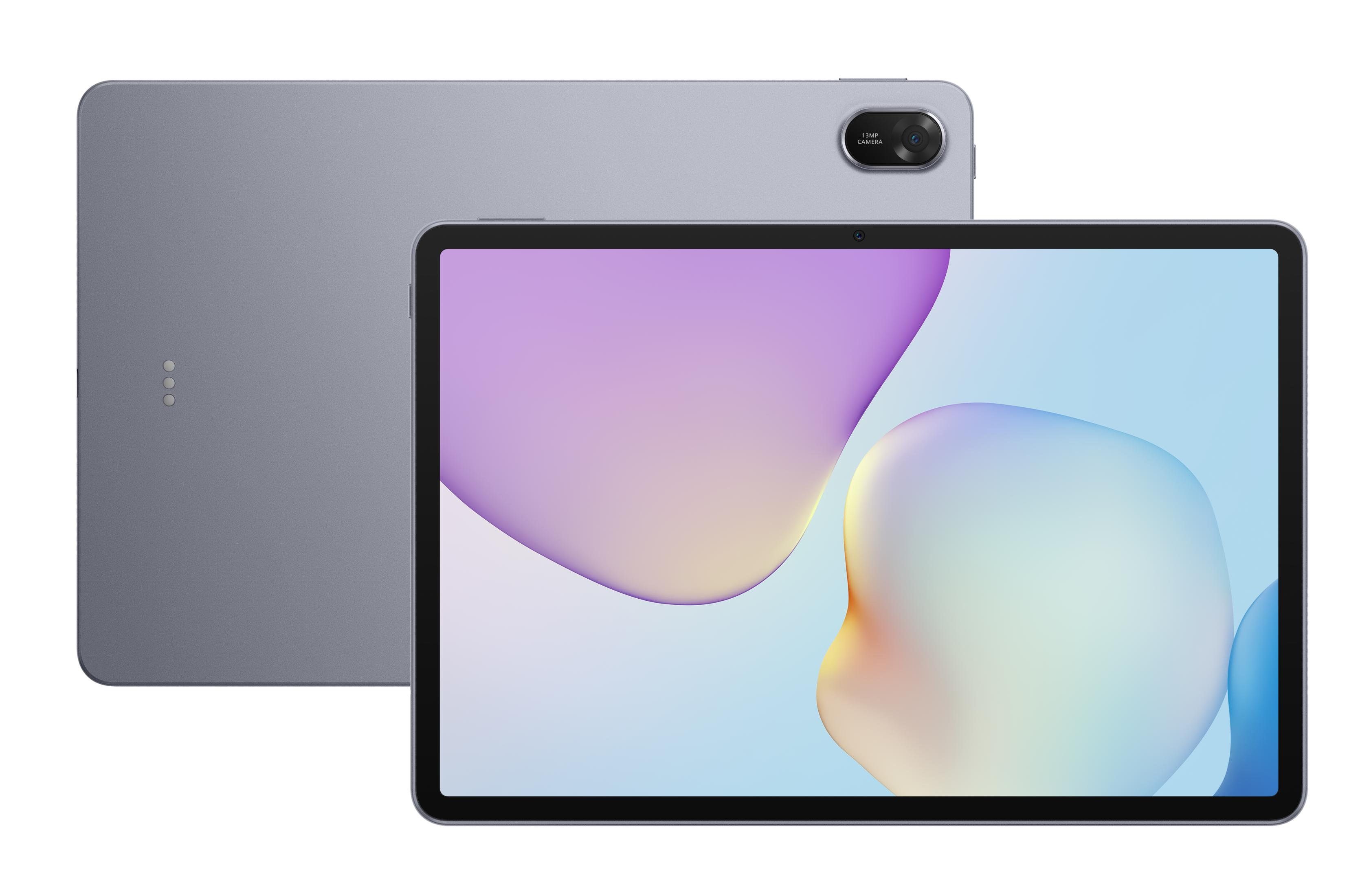 Szary tablet z tylnym aparatem 13 MP i kolorowym ekranem.