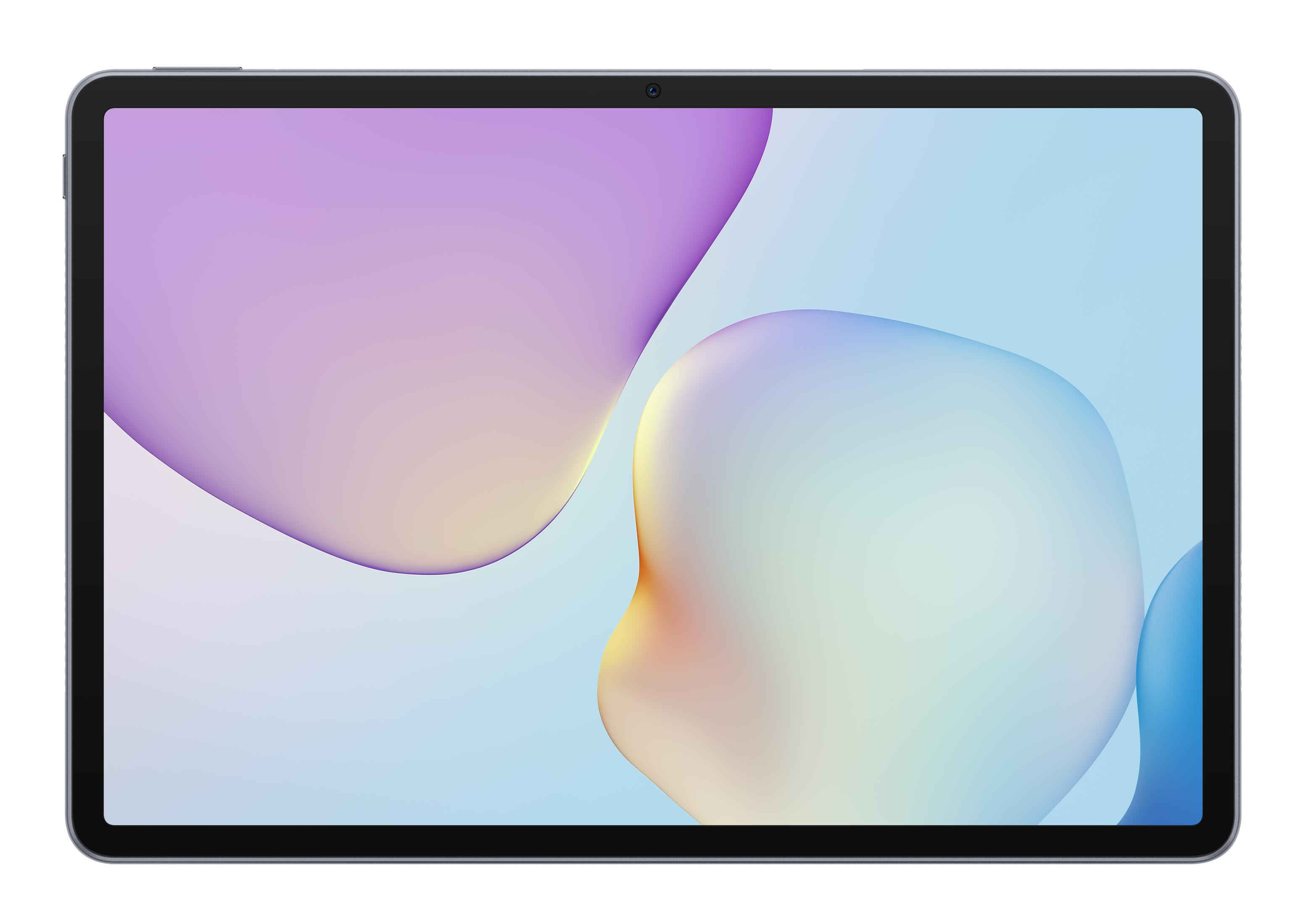 Tablet z abstrakcyjnym, pastelowym tłem o płynnych kształtach.