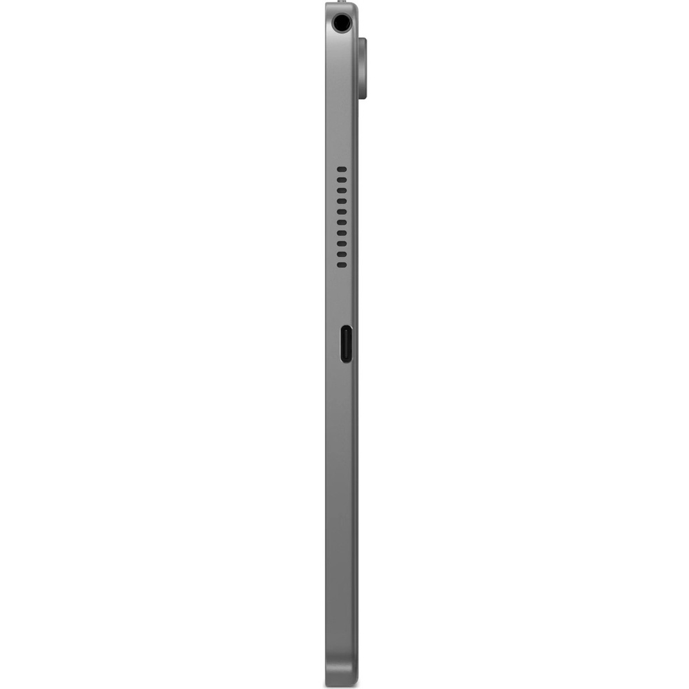 Gri tablet yan görünüm, şarj portu ve hoparlör ızgaraları.